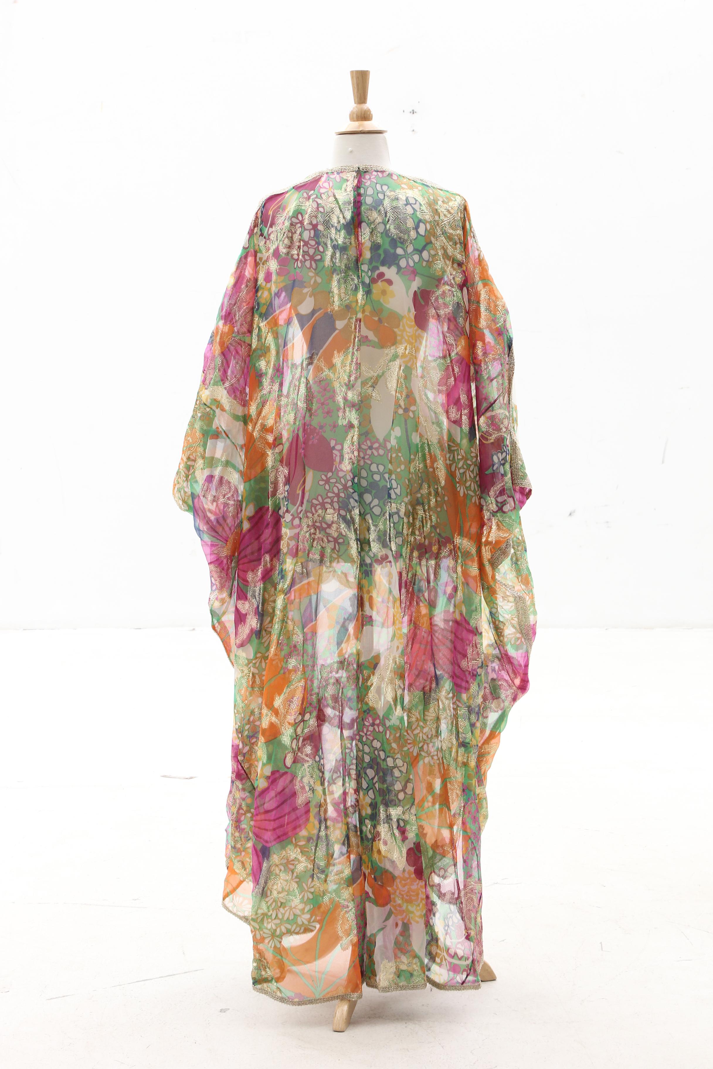 Floral Print Kaftan with Metallic Gold Accents, Late 1960s Vintage