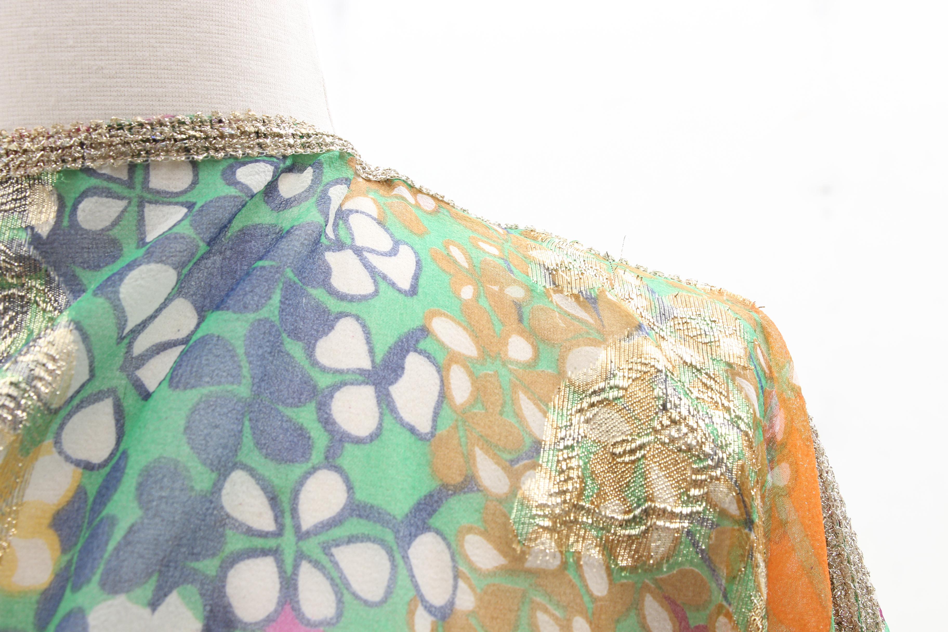 Floral Print Kaftan with Metallic Gold Accents, Late 1960s Vintage