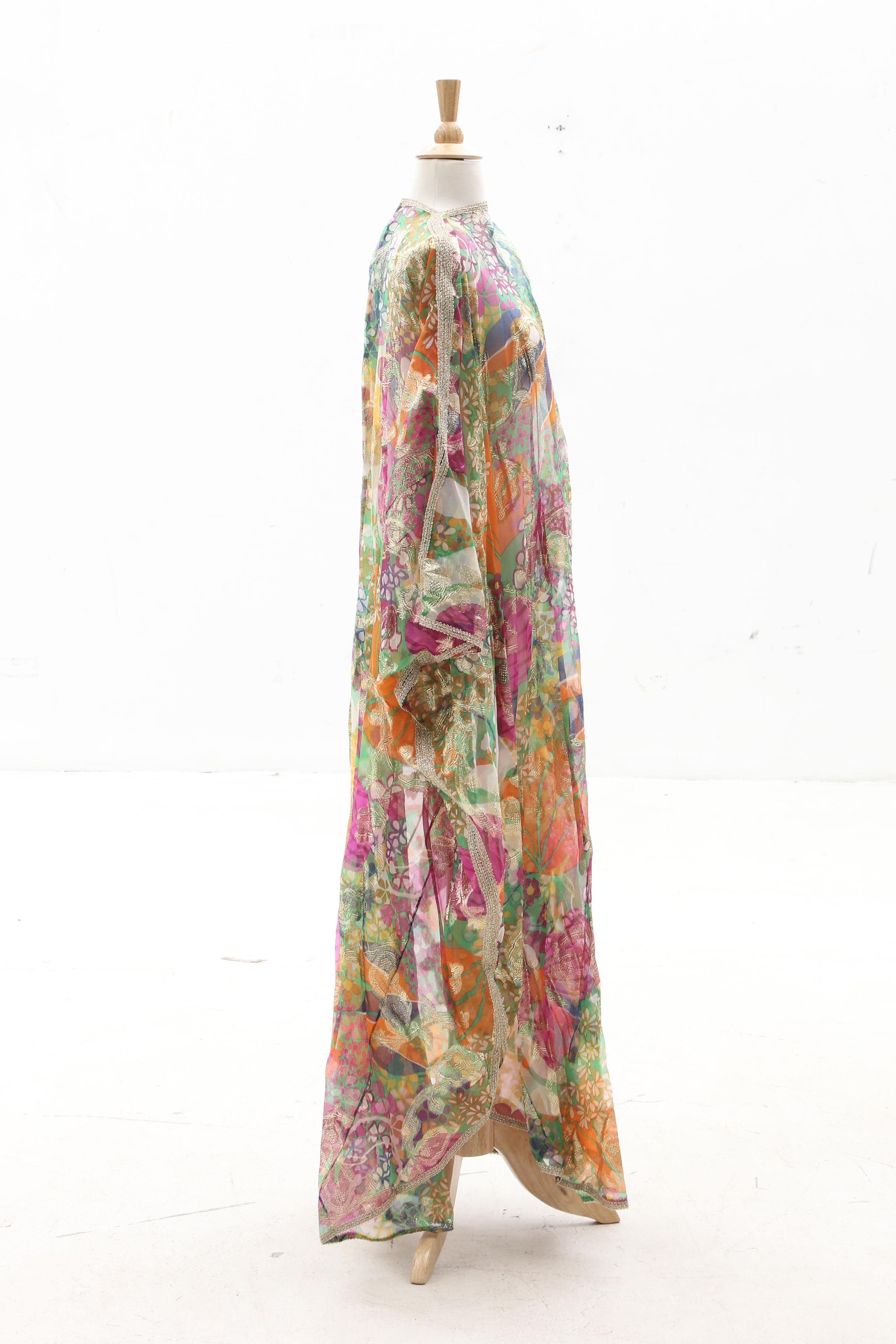 Floral Print Kaftan with Metallic Gold Accents, Late 1960s Vintage