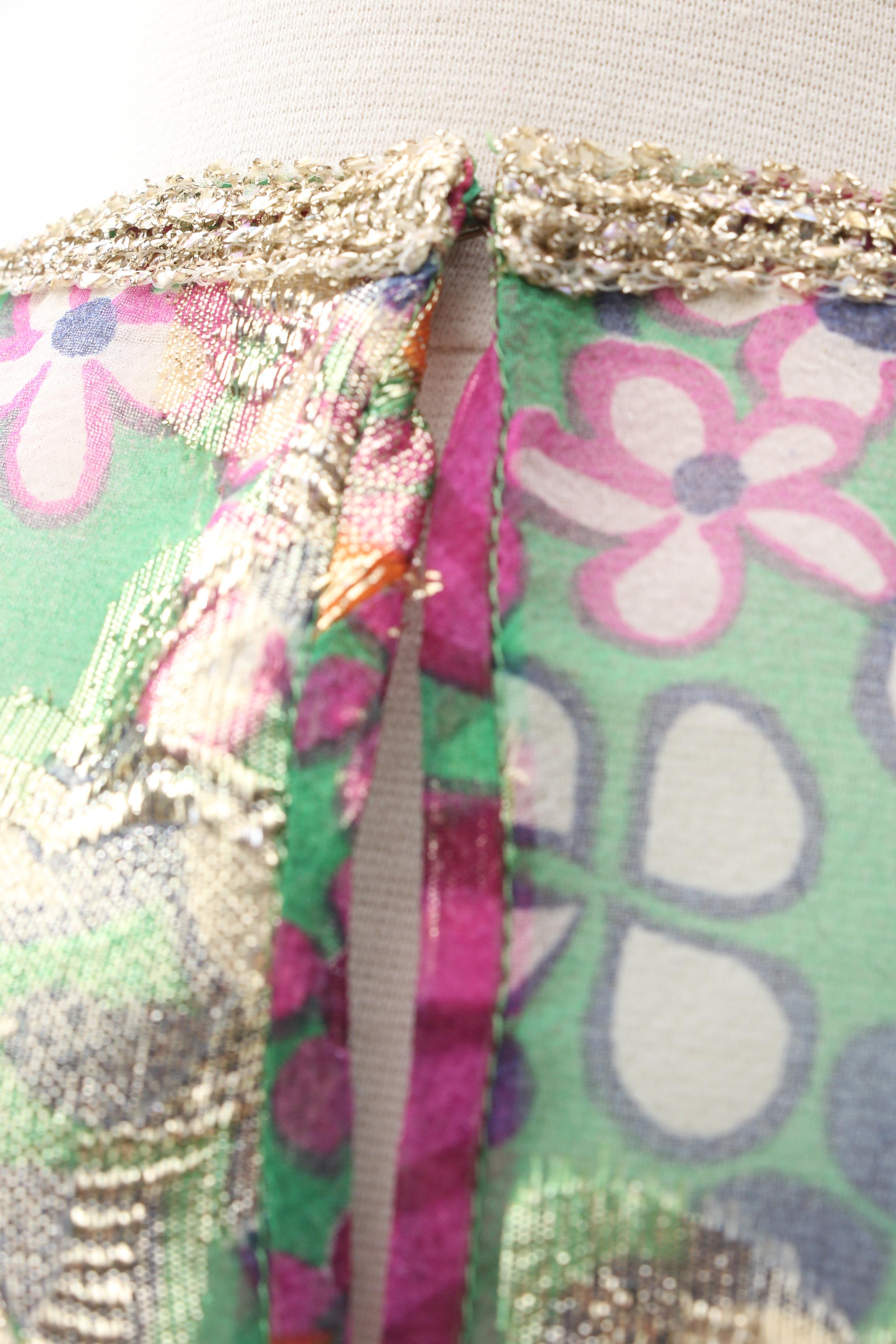 Floral Print Kaftan with Metallic Gold Accents, Late 1960s Vintage