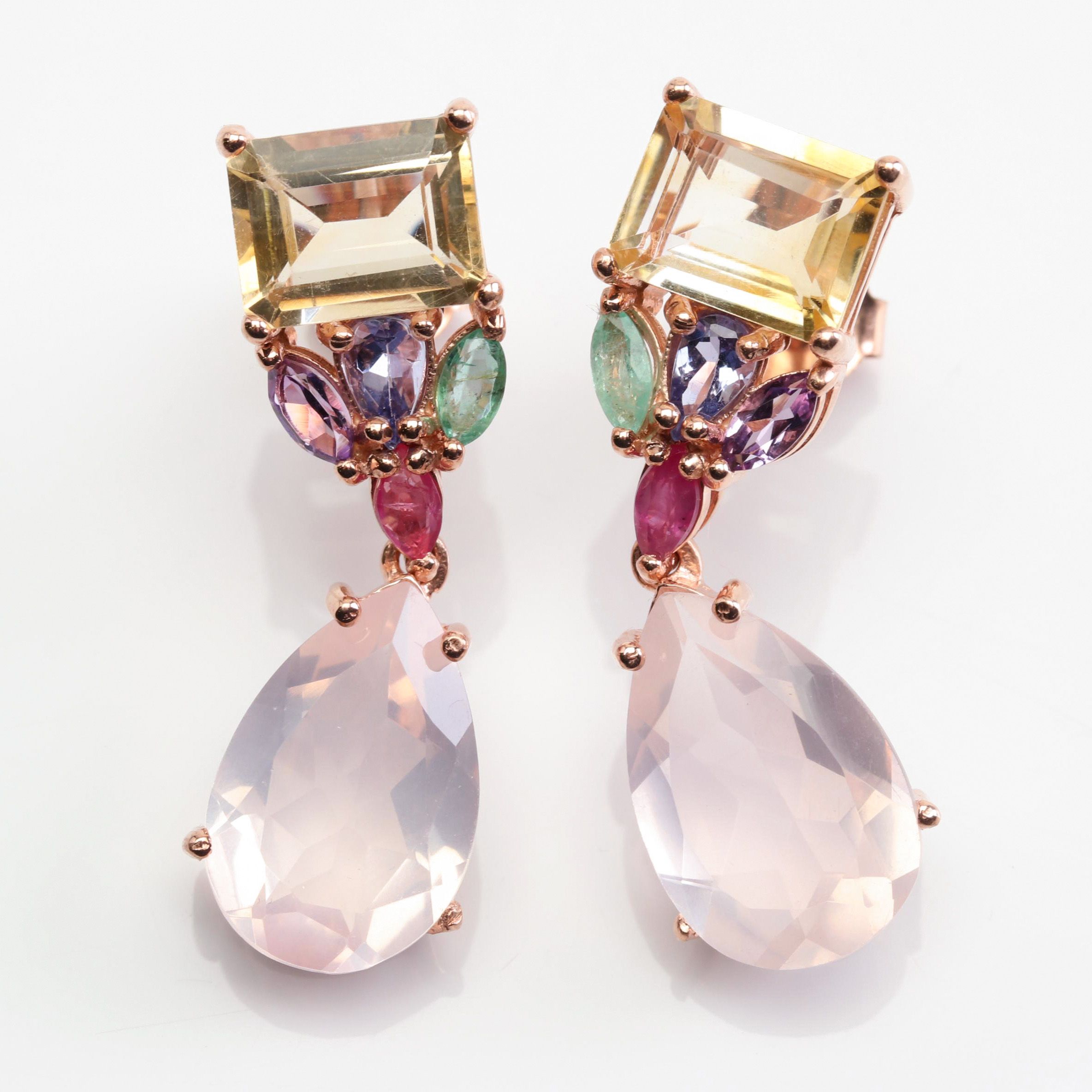 Sterling Silver 8.50 CTW Rose Quartz 3.70 CTW Citrine Dangle Earrings