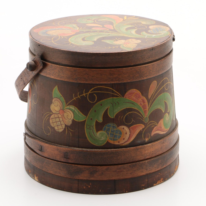 Colonial Revival Hand-Painted Wooden Firkin Sugar Bucket, Late 19th Century