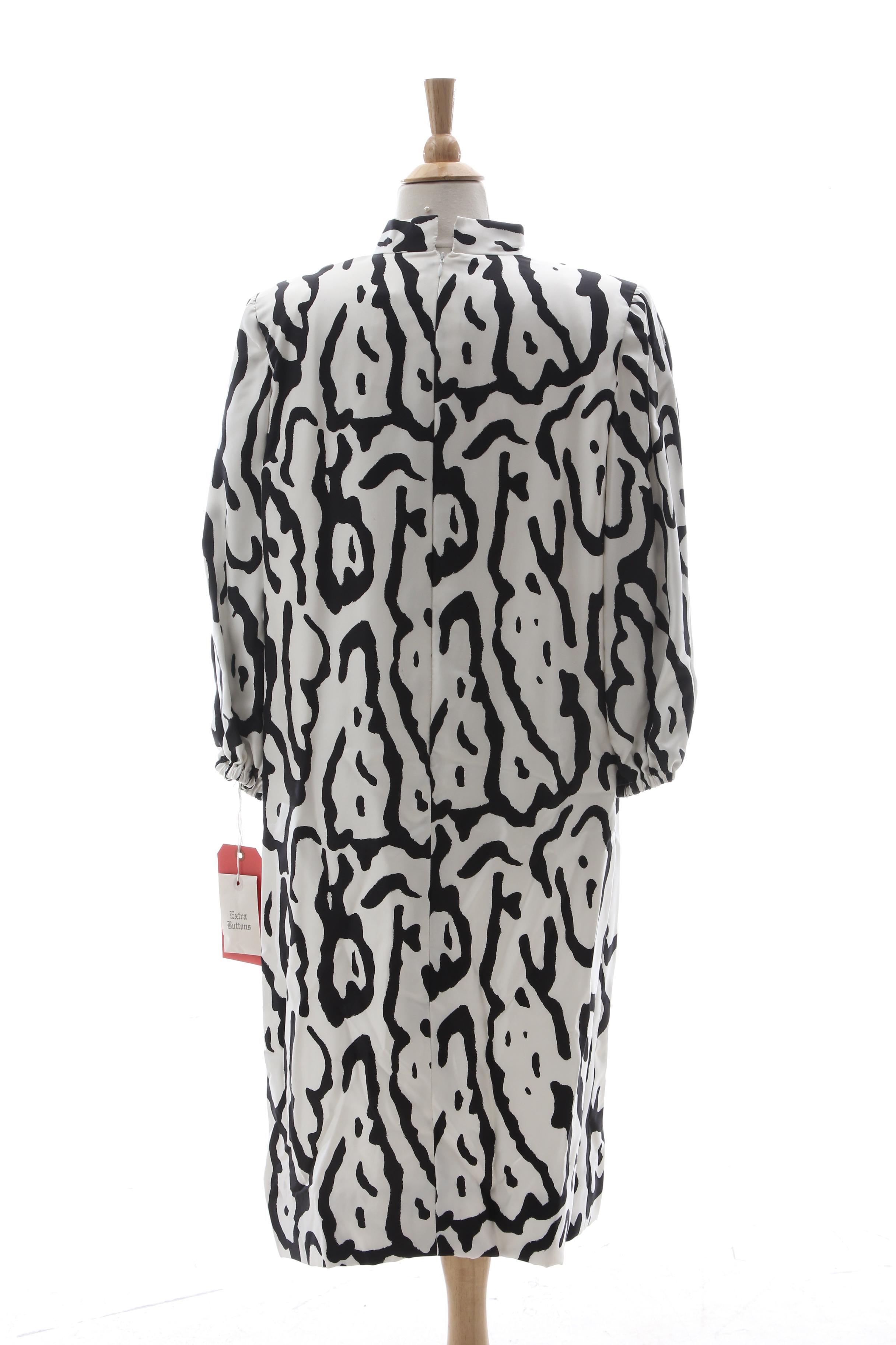 Pauline Trigère Black and White Abstract Print Silk Dress