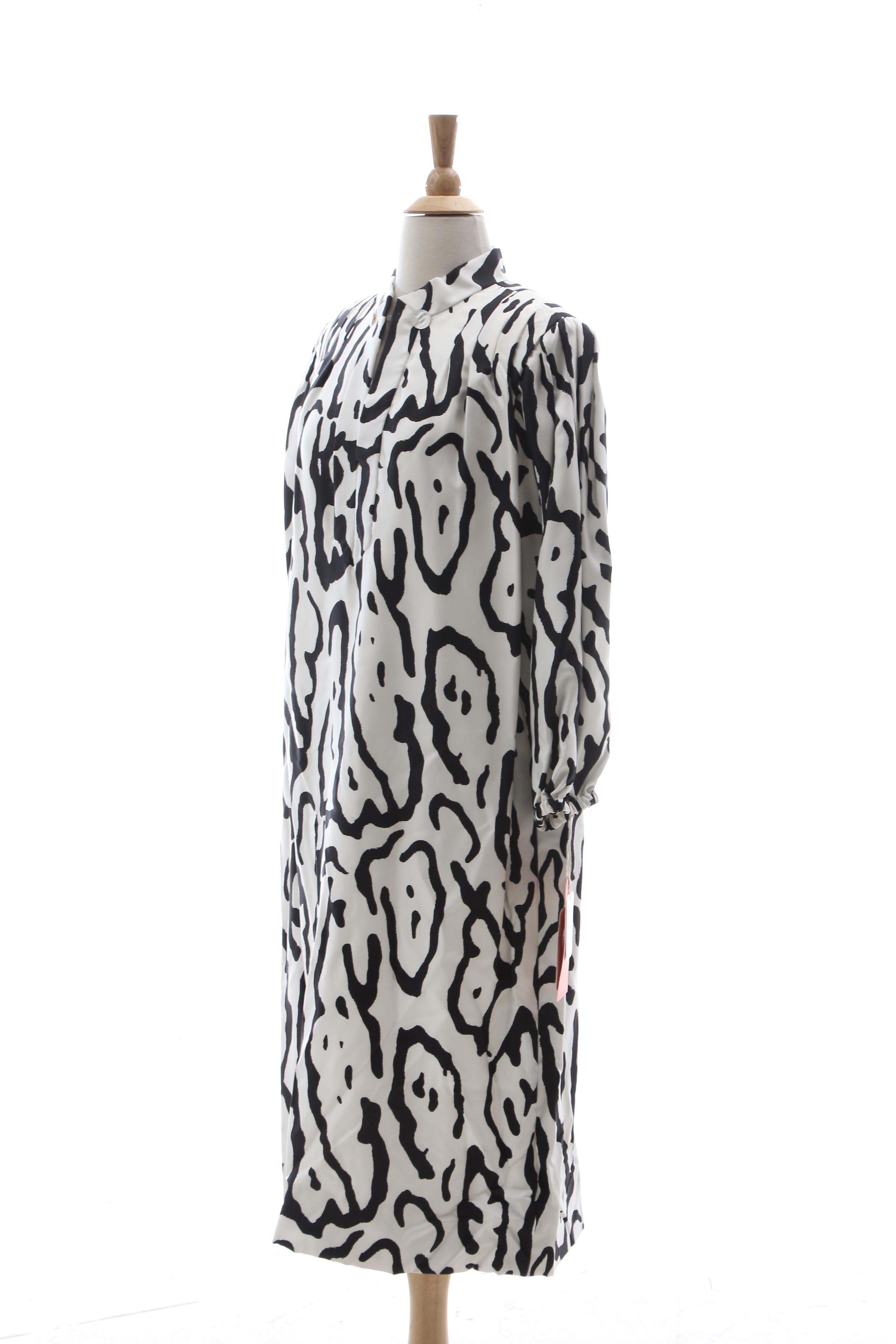 Pauline Trigère Black and White Abstract Print Silk Dress
