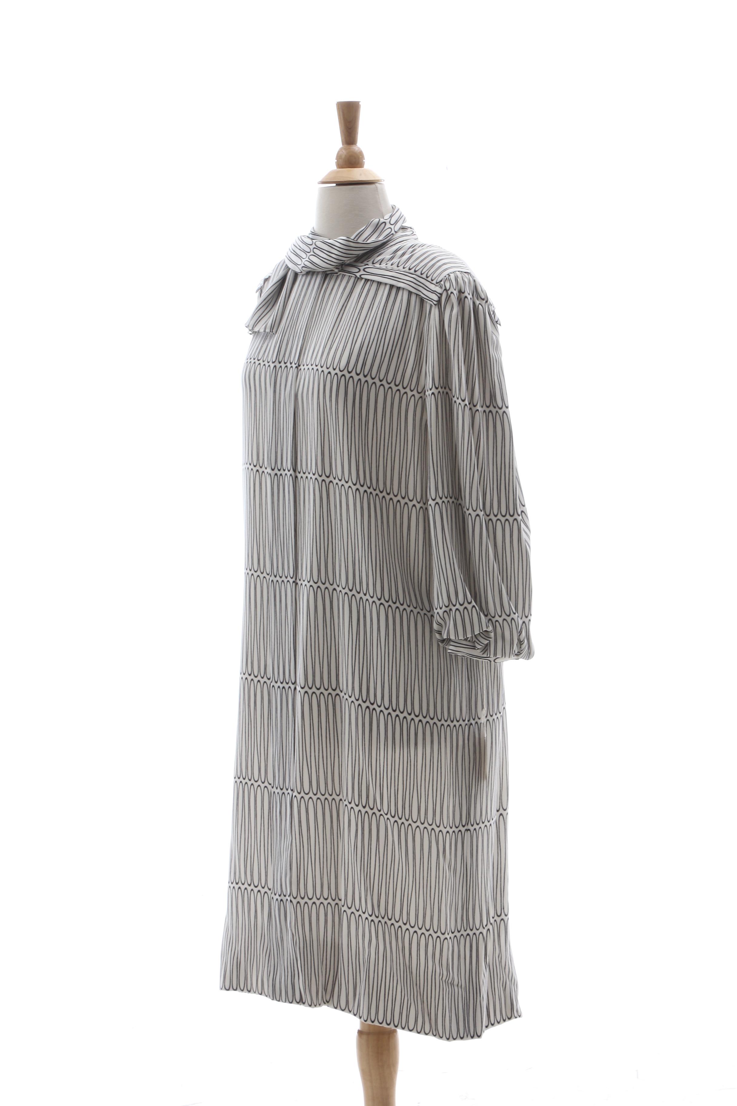 Pauline Trigère White Geometric Print Silk Dress