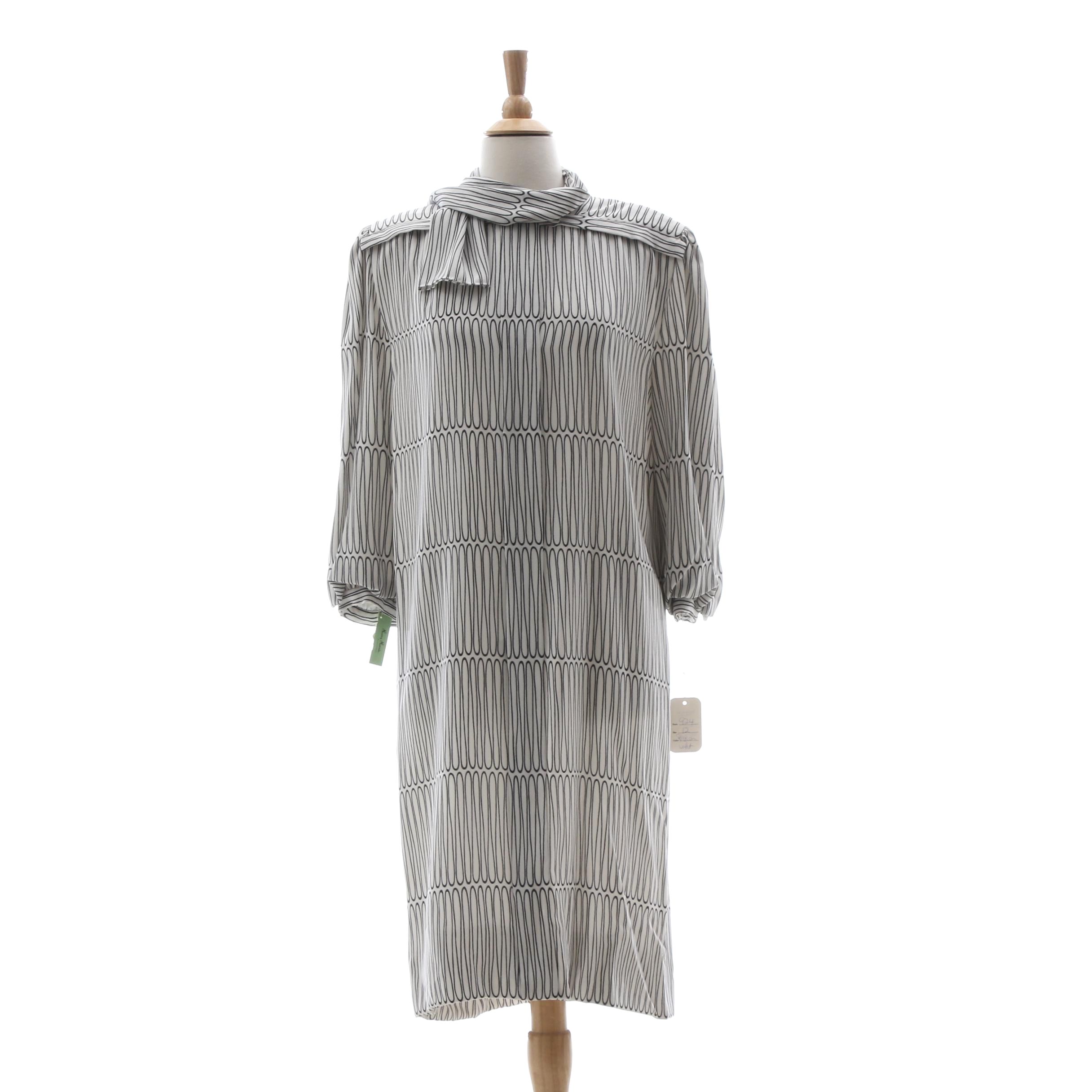 Pauline Trigère White Geometric Print Silk Dress