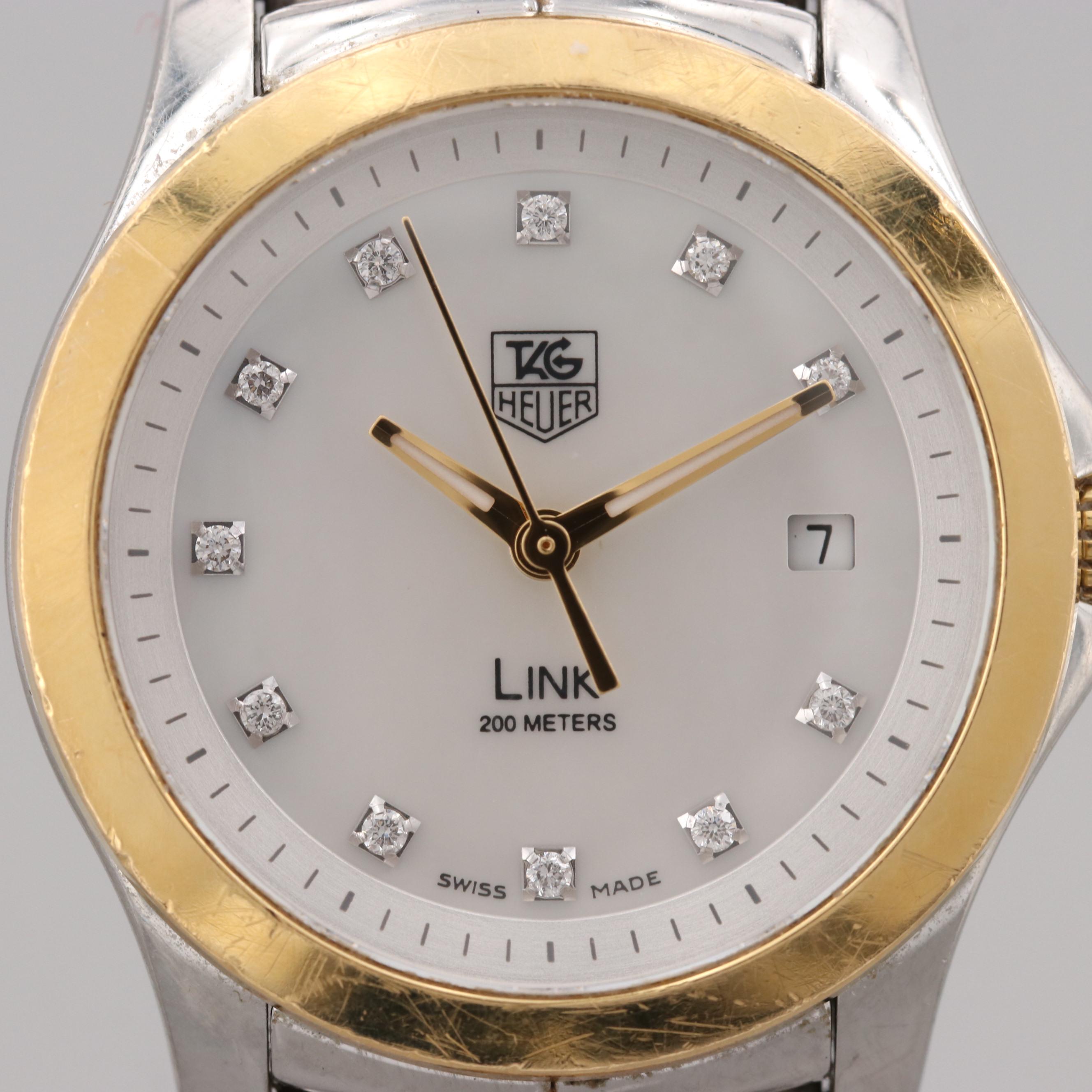 Tag Heuer Link Stainless Steel and 18K Yellow Gold Watch With Diamond Dial