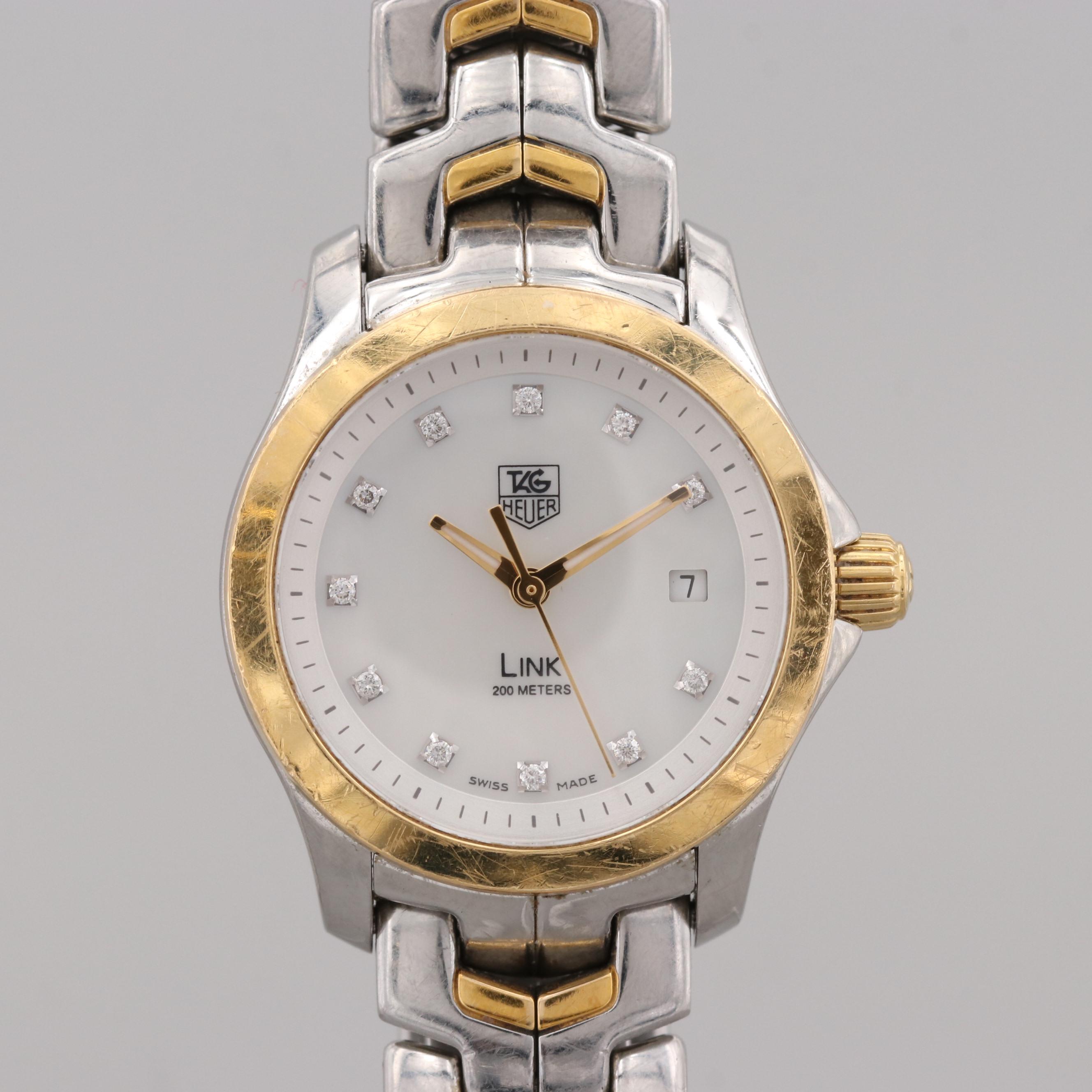 Tag Heuer Link Stainless Steel and 18K Yellow Gold Watch With Diamond Dial