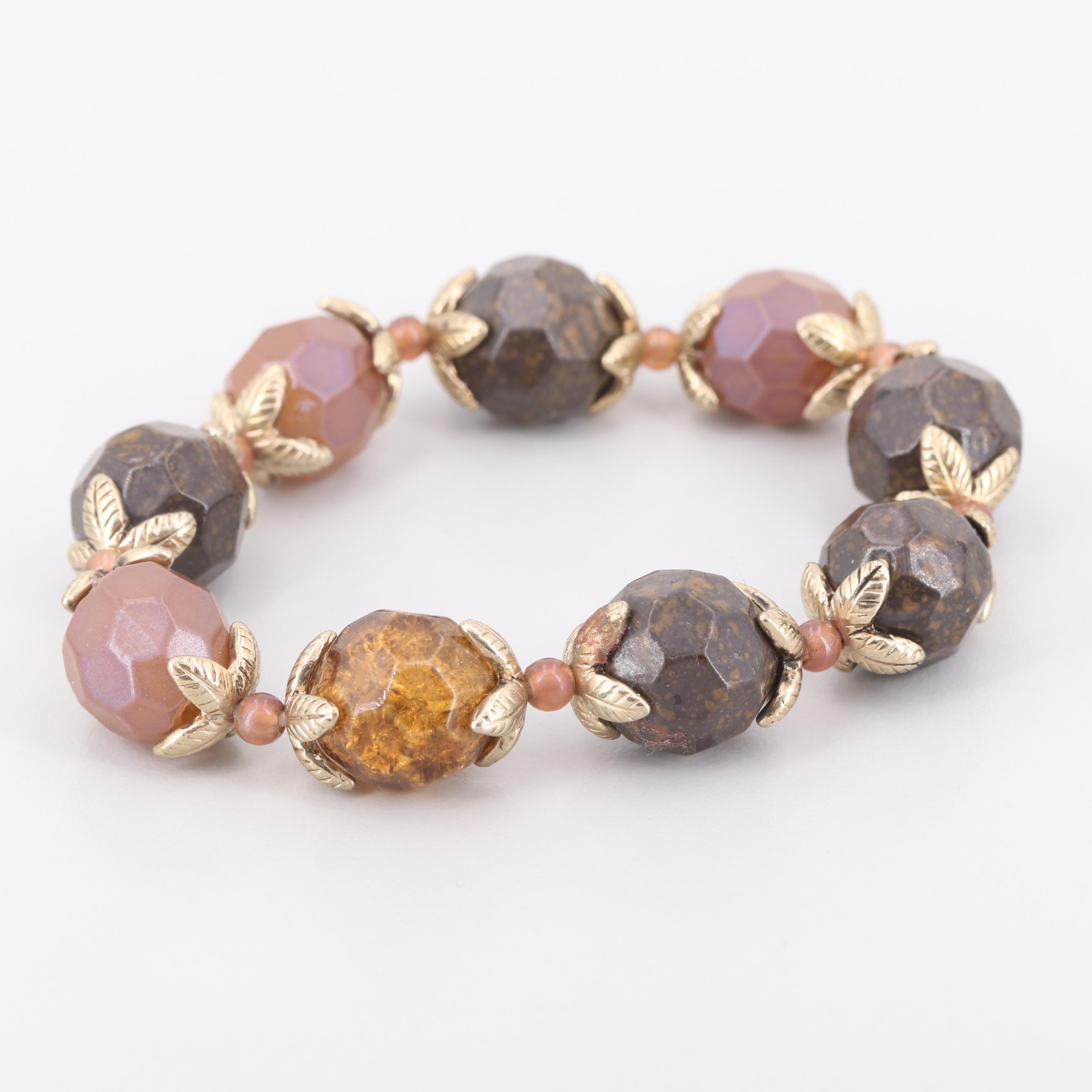 Faceted Glass Bead Gold Tone Expandable Bracelet