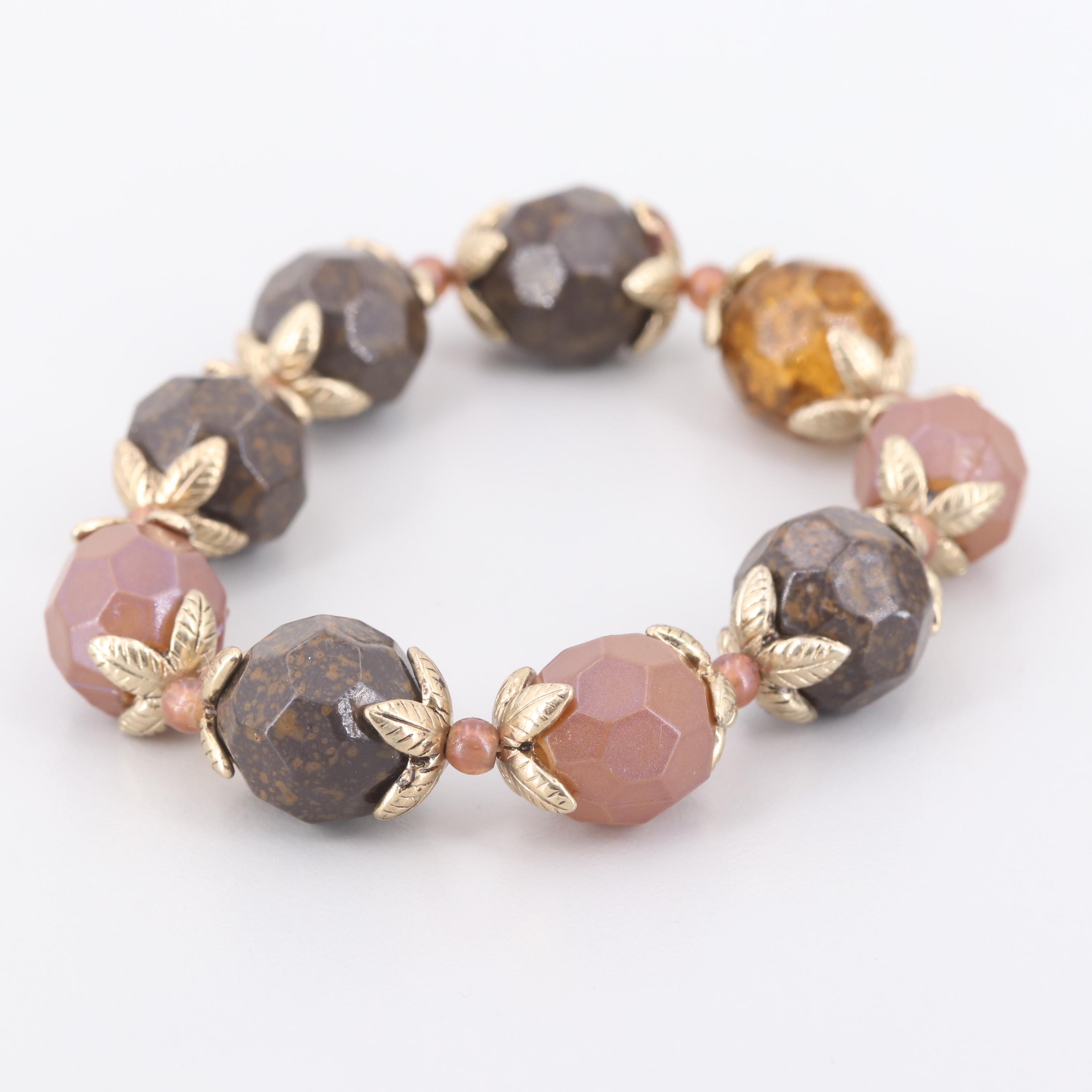 Faceted Glass Bead Gold Tone Expandable Bracelet