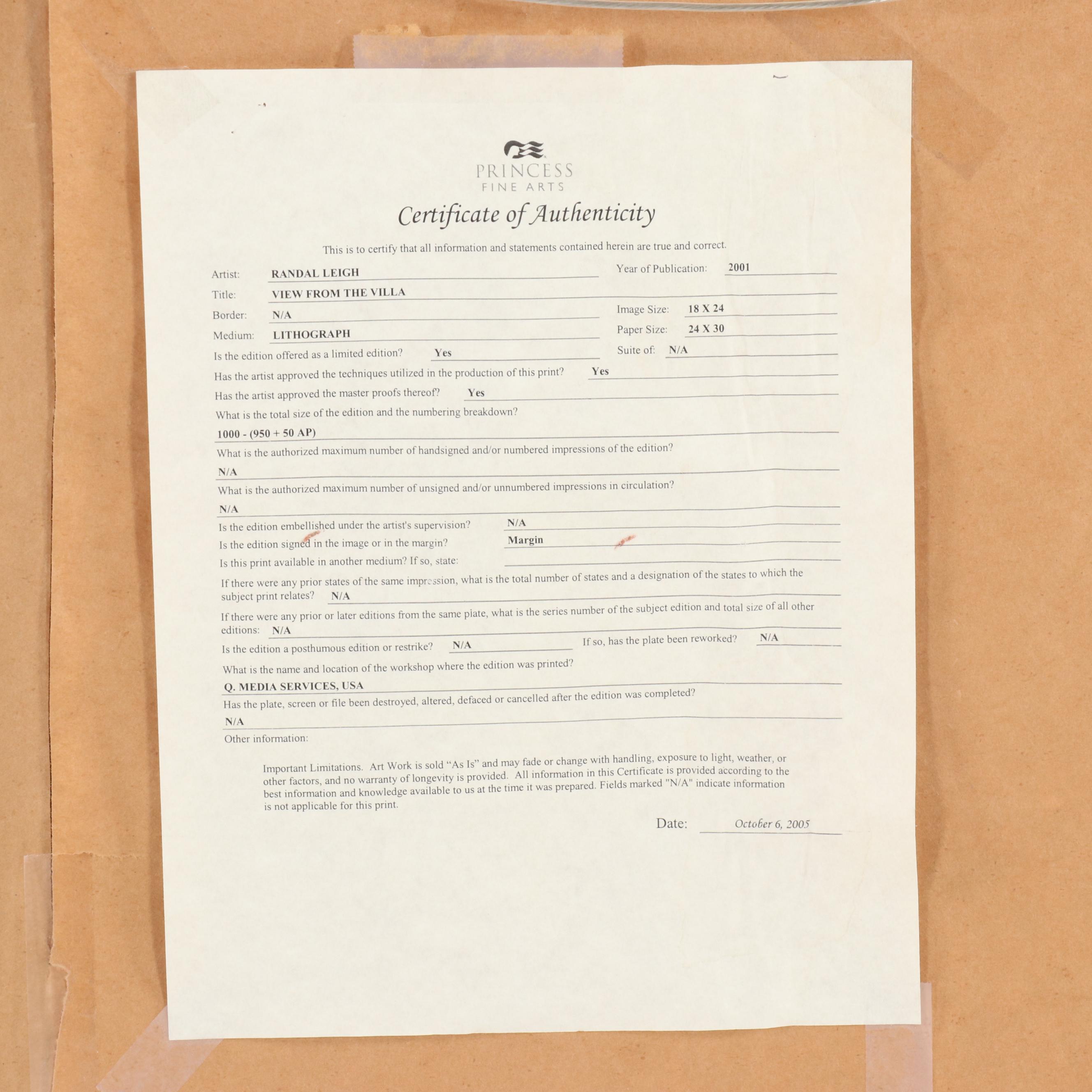 Randal Leigh Offset Lithograph "View from the Villa"