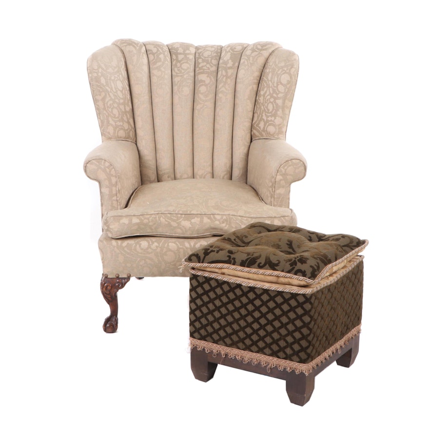 Upholstered Wingback Armchair with Ottoman, Mid 20th Century