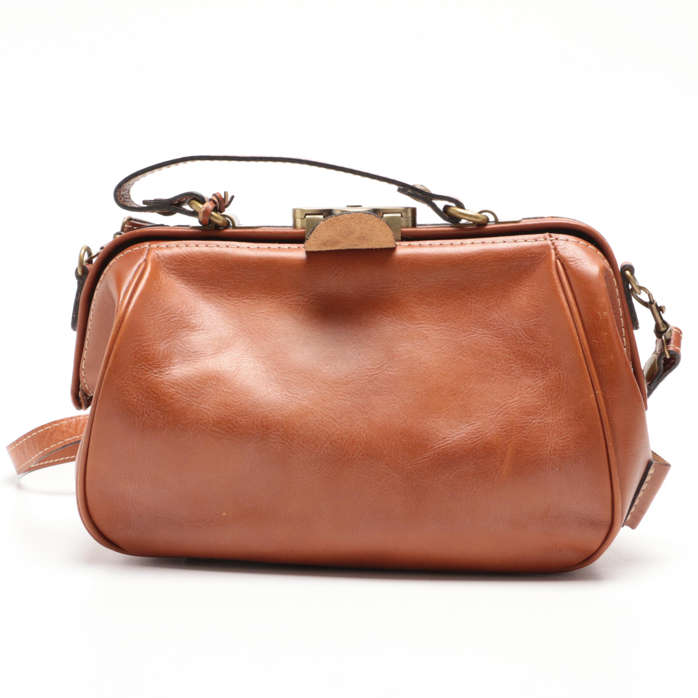 Patricia Nash Cognac Brown Italian Leather Frame Bag with Crossbody Strap