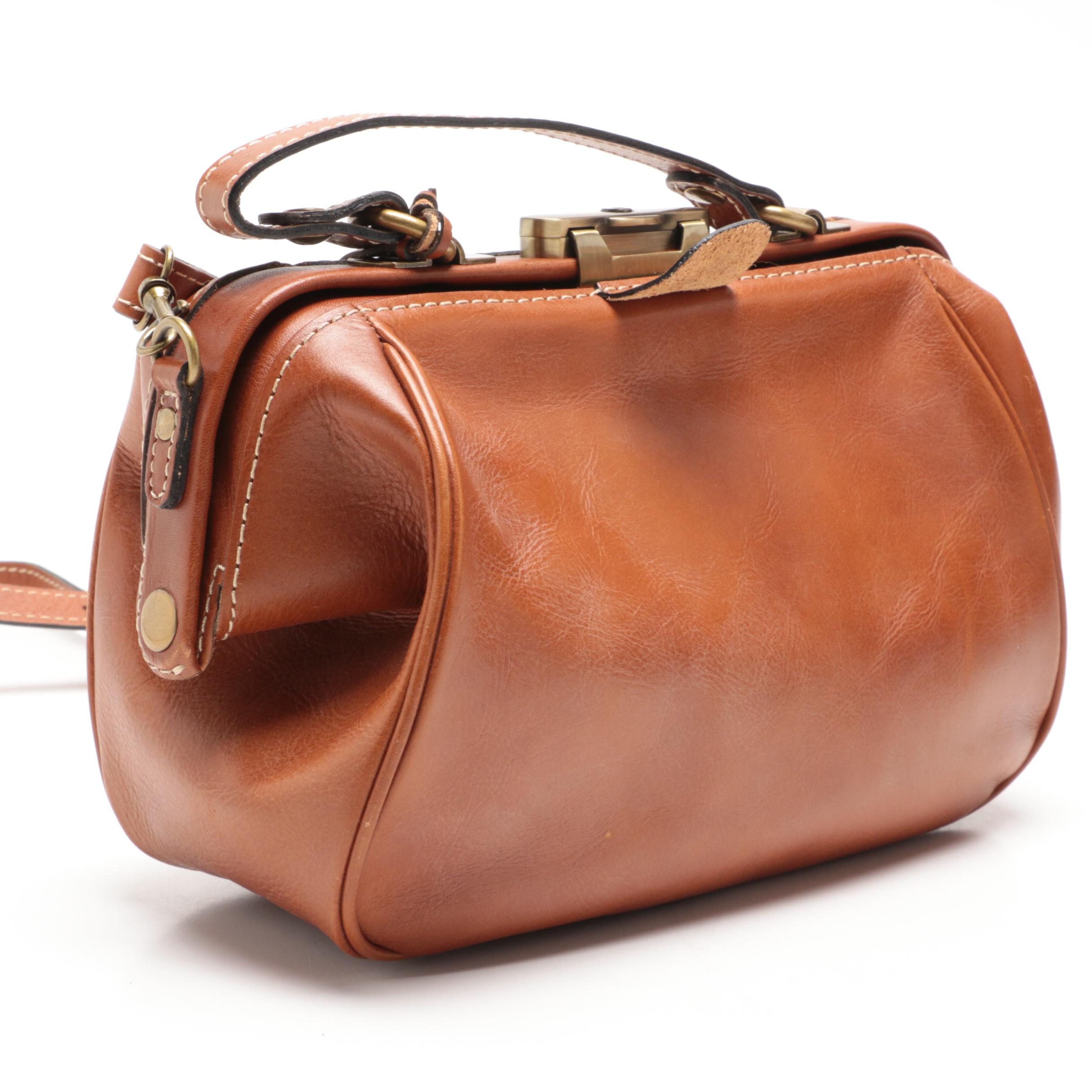 Patricia Nash Cognac Brown Italian Leather Frame Bag with Crossbody Strap