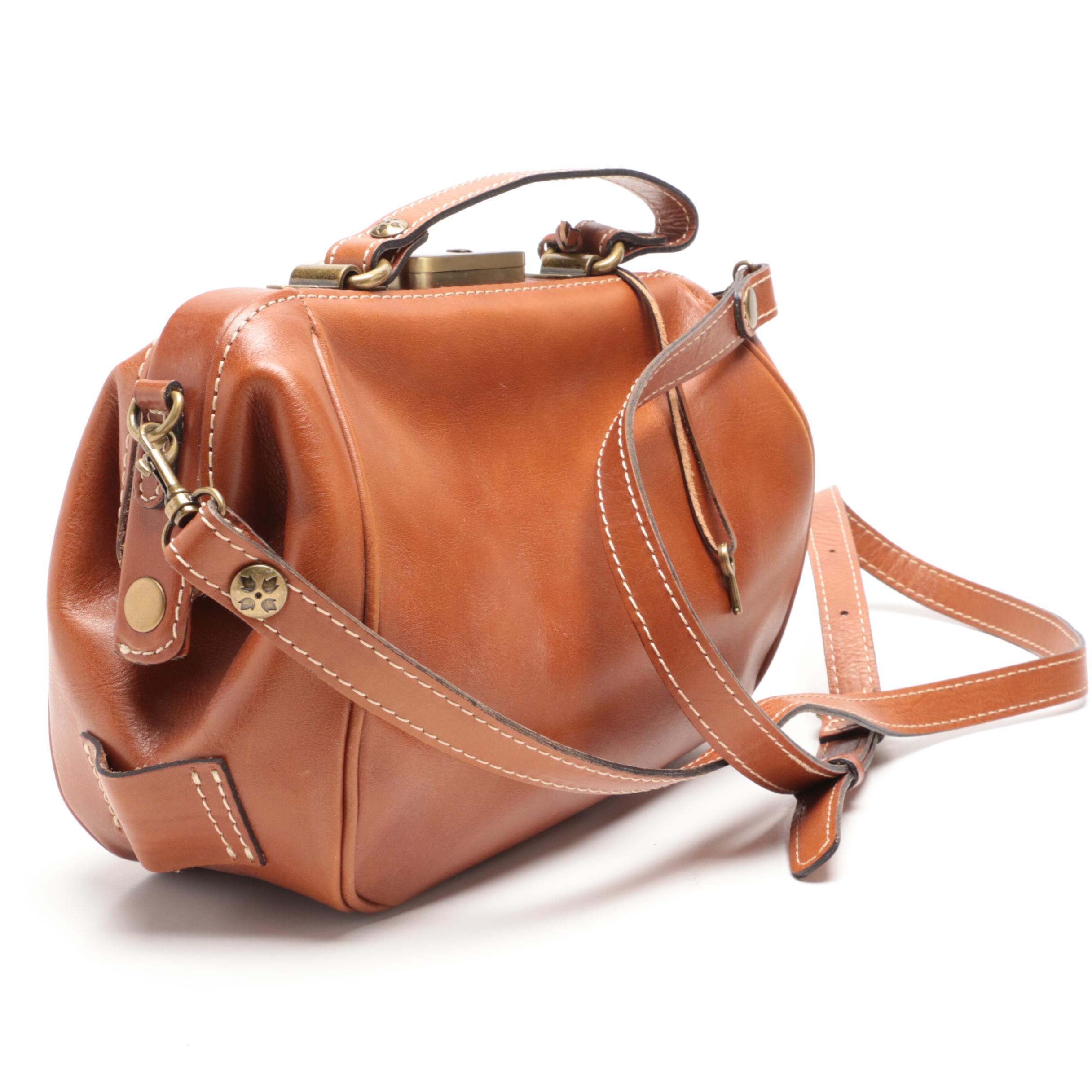 Patricia Nash Cognac Brown Italian Leather Frame Bag with Crossbody Strap