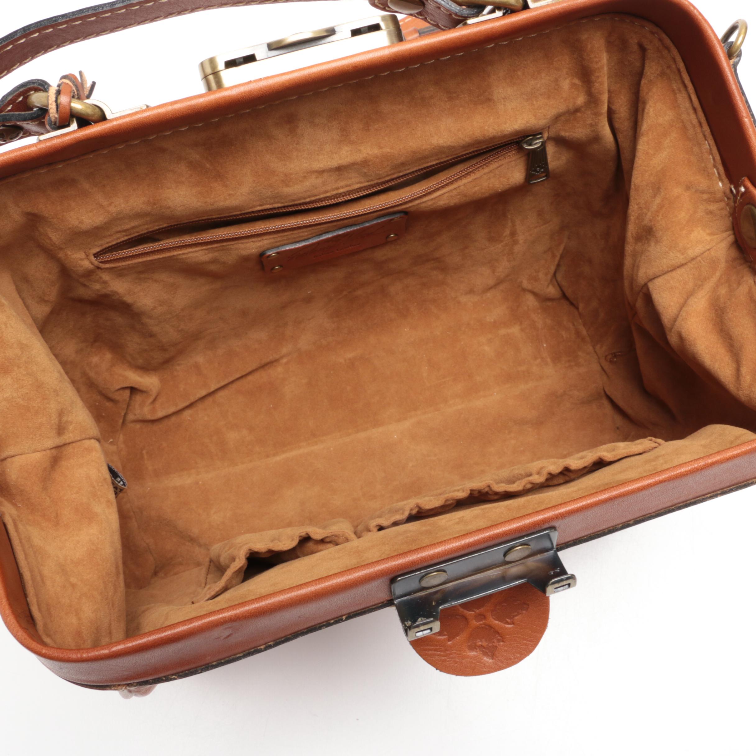 Patricia Nash Cognac Brown Italian Leather Frame Bag with Crossbody Strap