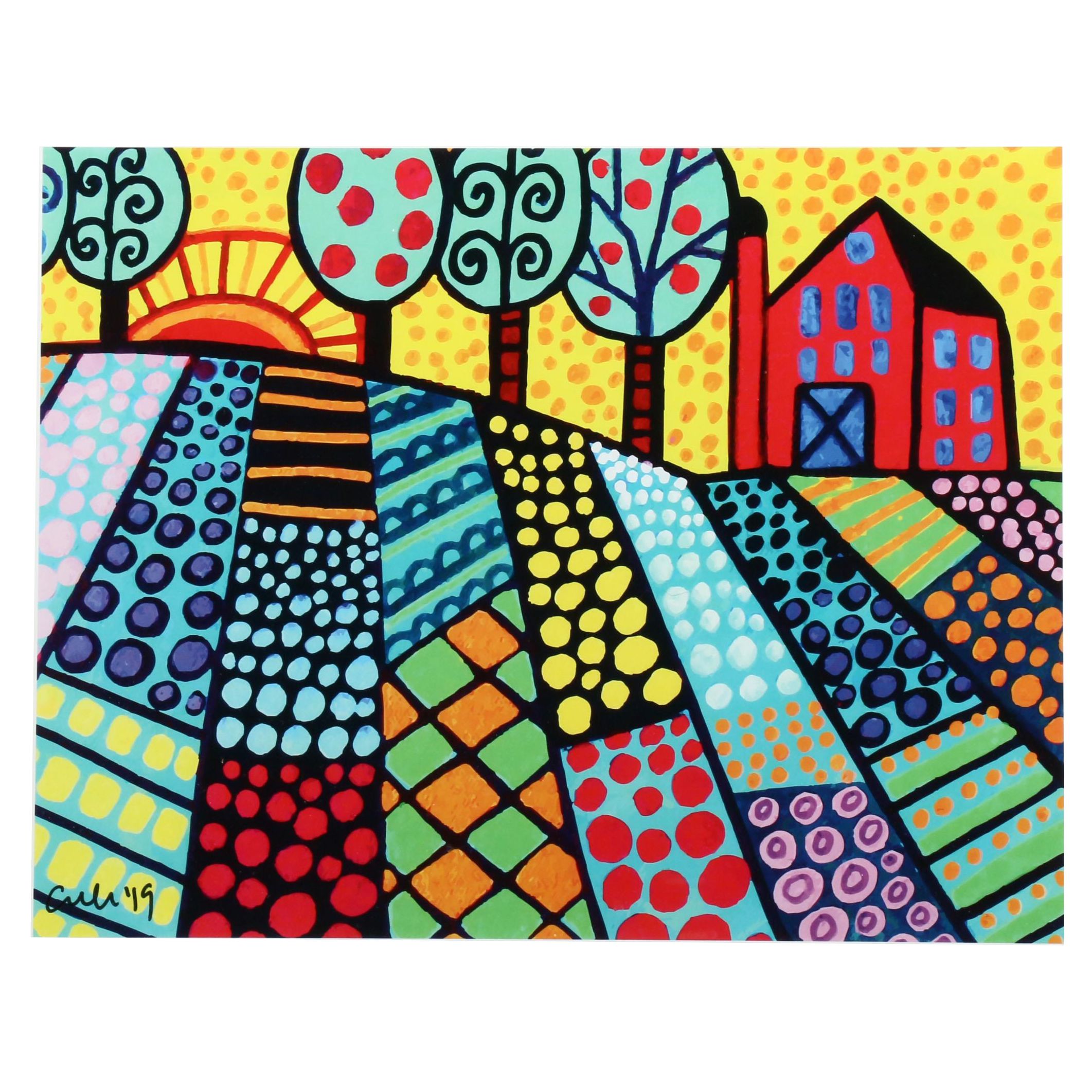Heather Galler Offset Lithograph of Folk Art Landscape