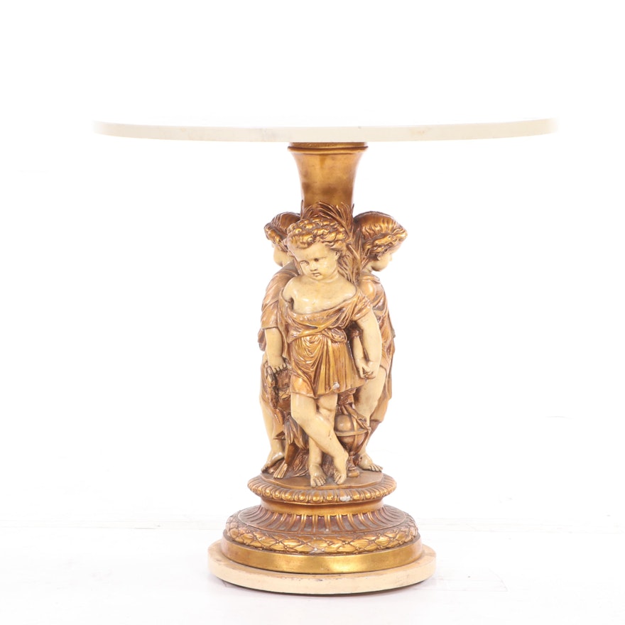 Composition and Plaster Putti Motif Accent Table, Mid 20th Century