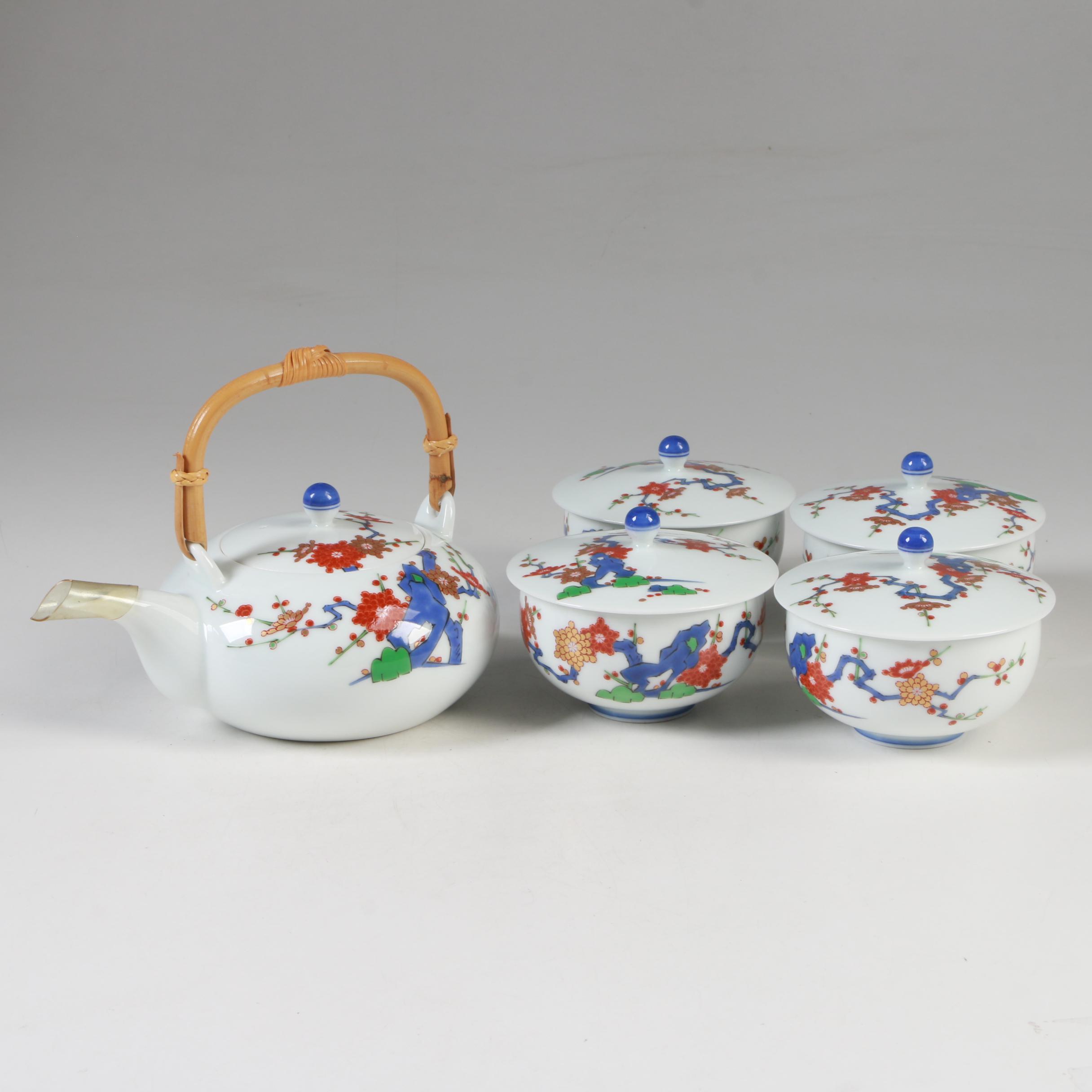 Japanese Koransha Fukagawa Porcelain Teapot and Footed Cups with Lids
