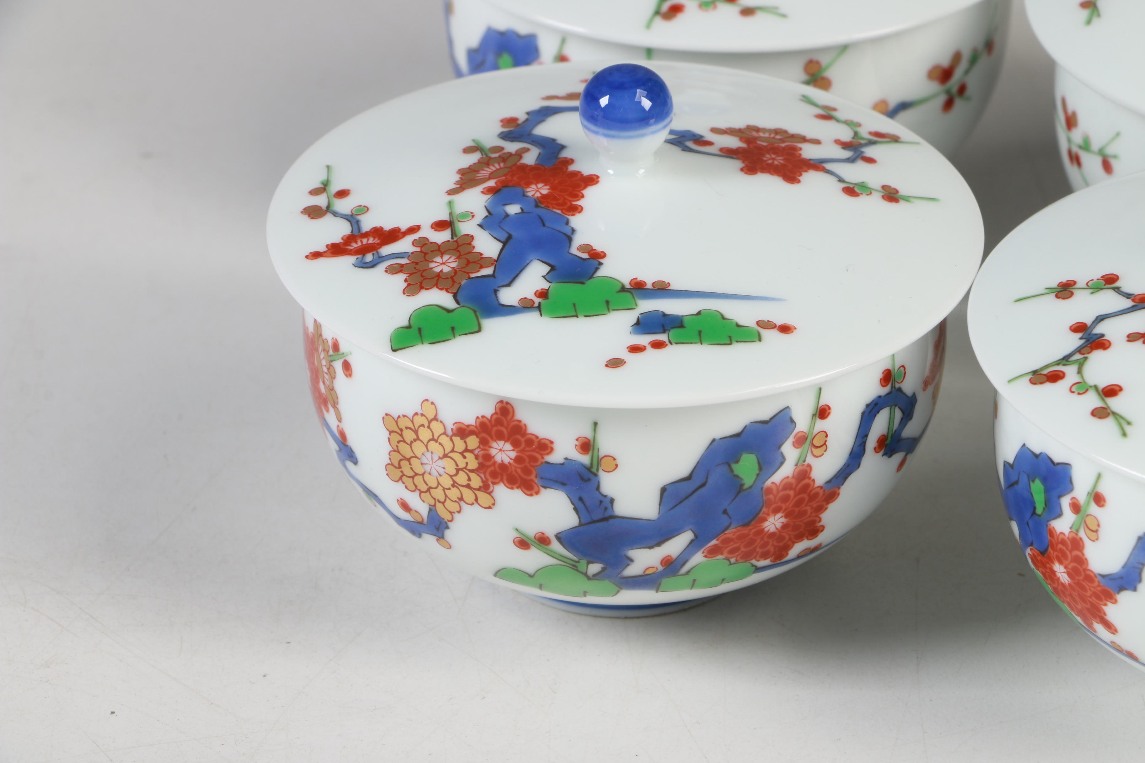 Japanese Koransha Fukagawa Porcelain Teapot and Footed Cups with Lids