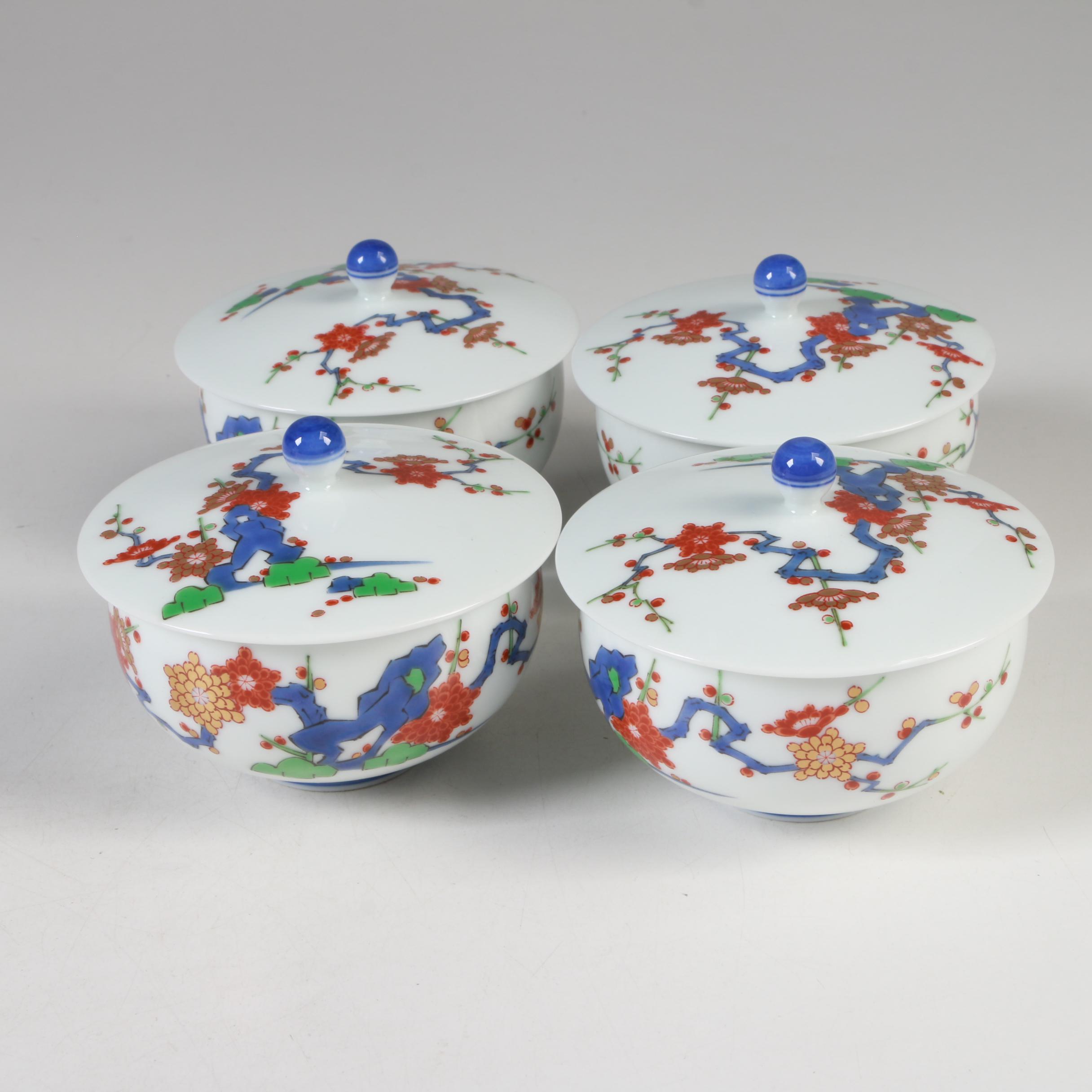 Japanese Koransha Fukagawa Porcelain Teapot and Footed Cups with Lids