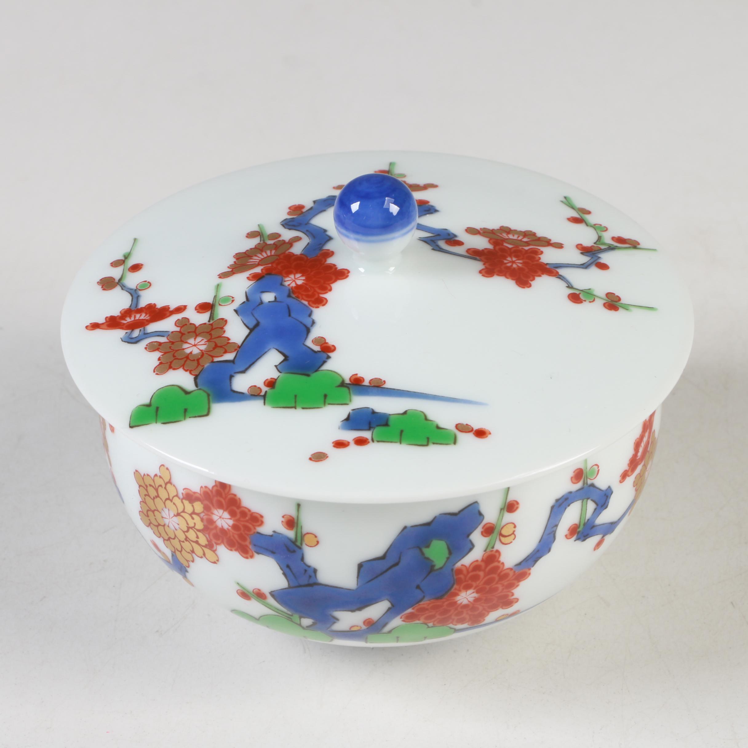 Japanese Koransha Fukagawa Porcelain Teapot and Footed Cups with Lids