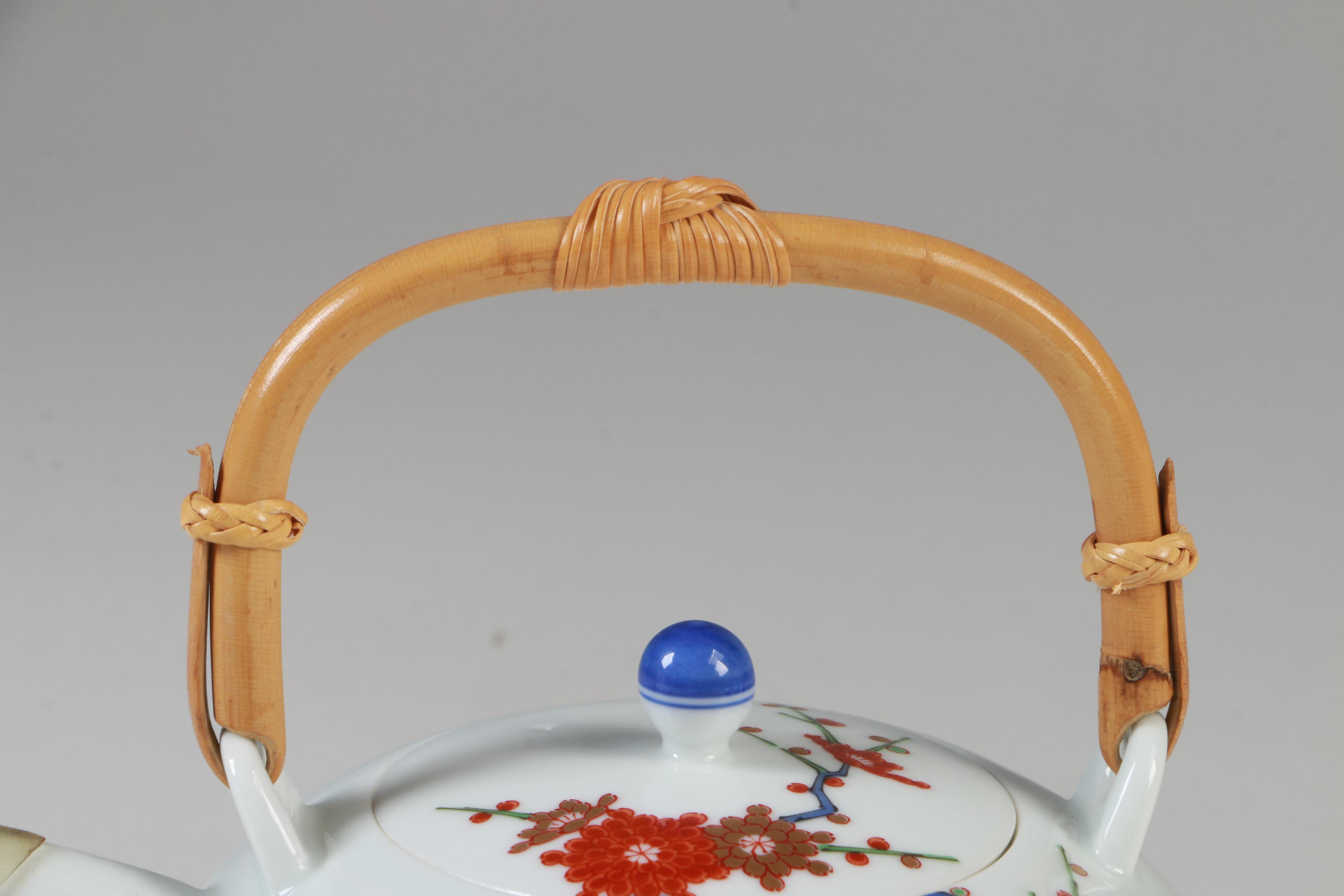 Japanese Koransha Fukagawa Porcelain Teapot and Footed Cups with Lids