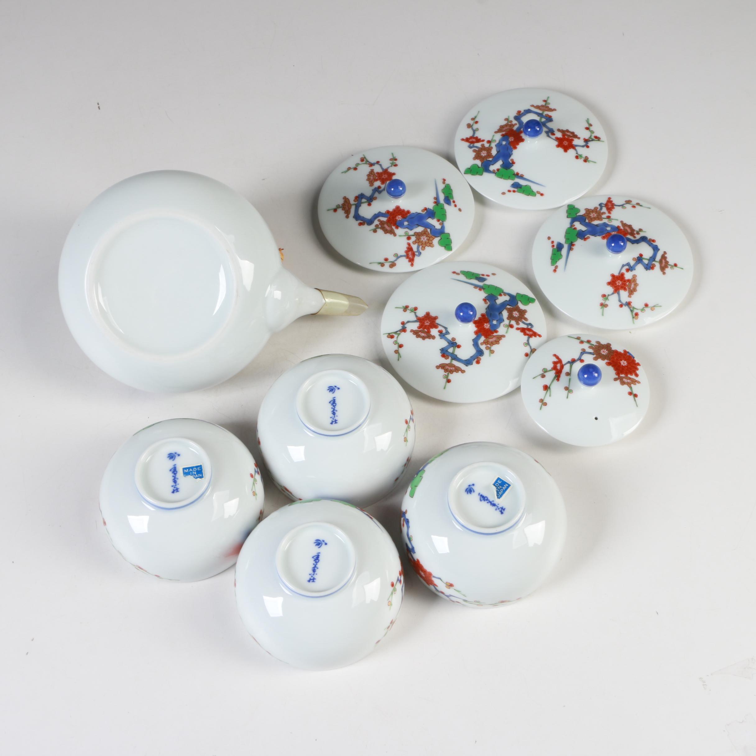Japanese Koransha Fukagawa Porcelain Teapot and Footed Cups with Lids