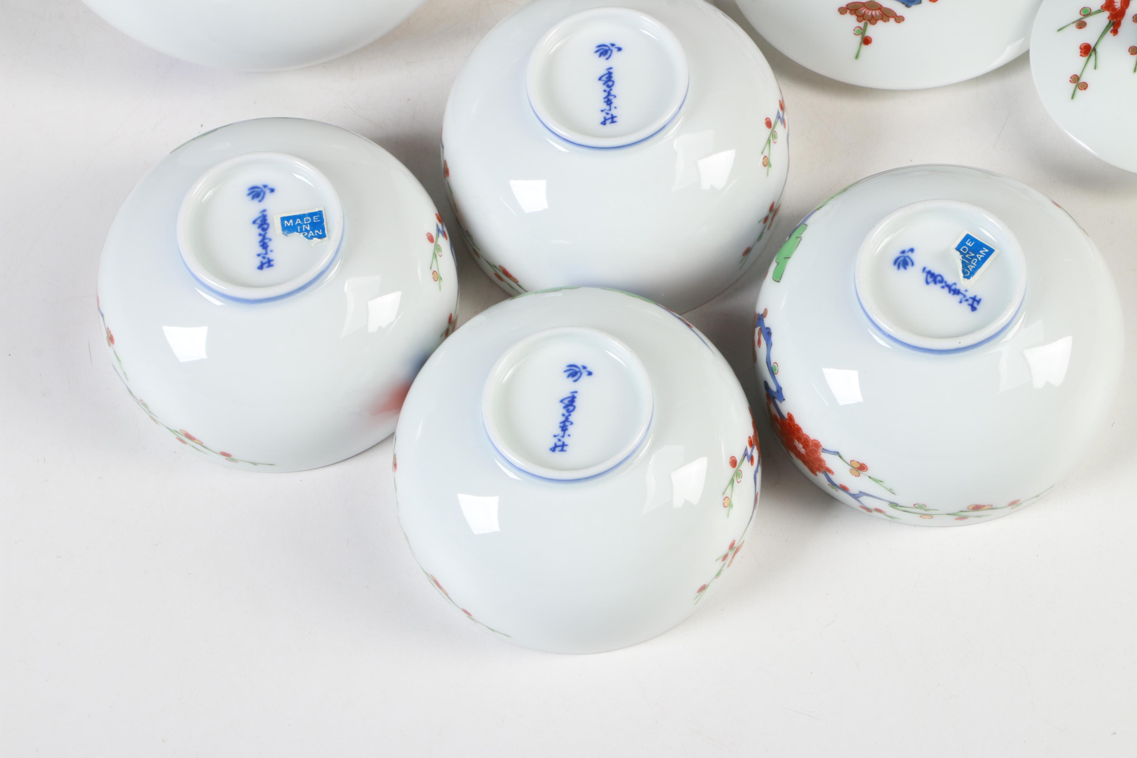 Japanese Koransha Fukagawa Porcelain Teapot and Footed Cups with Lids