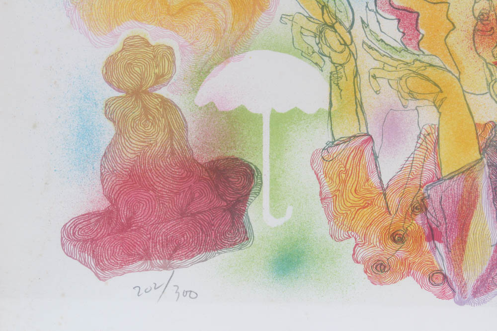 Cariello Clowns with Umbrellas Lithograph