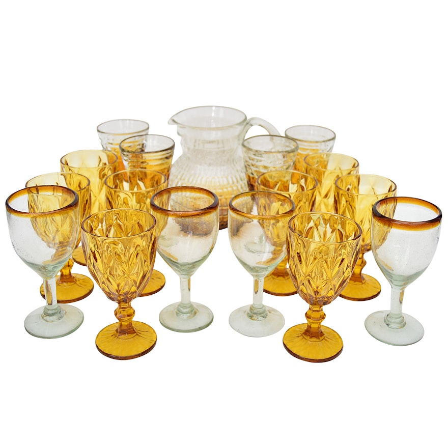 Amber and Clear Stemware, Mid Century and Modern