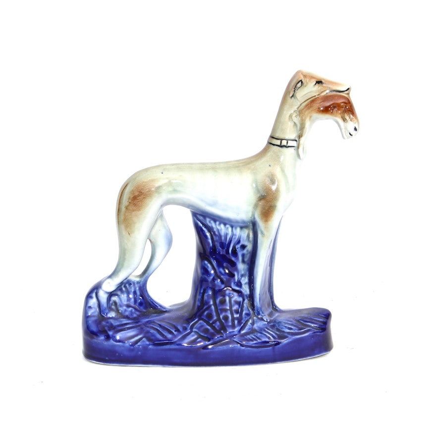 Staffordshire Style Ceramic Greyhound with Kill Figurine, Mid-Century