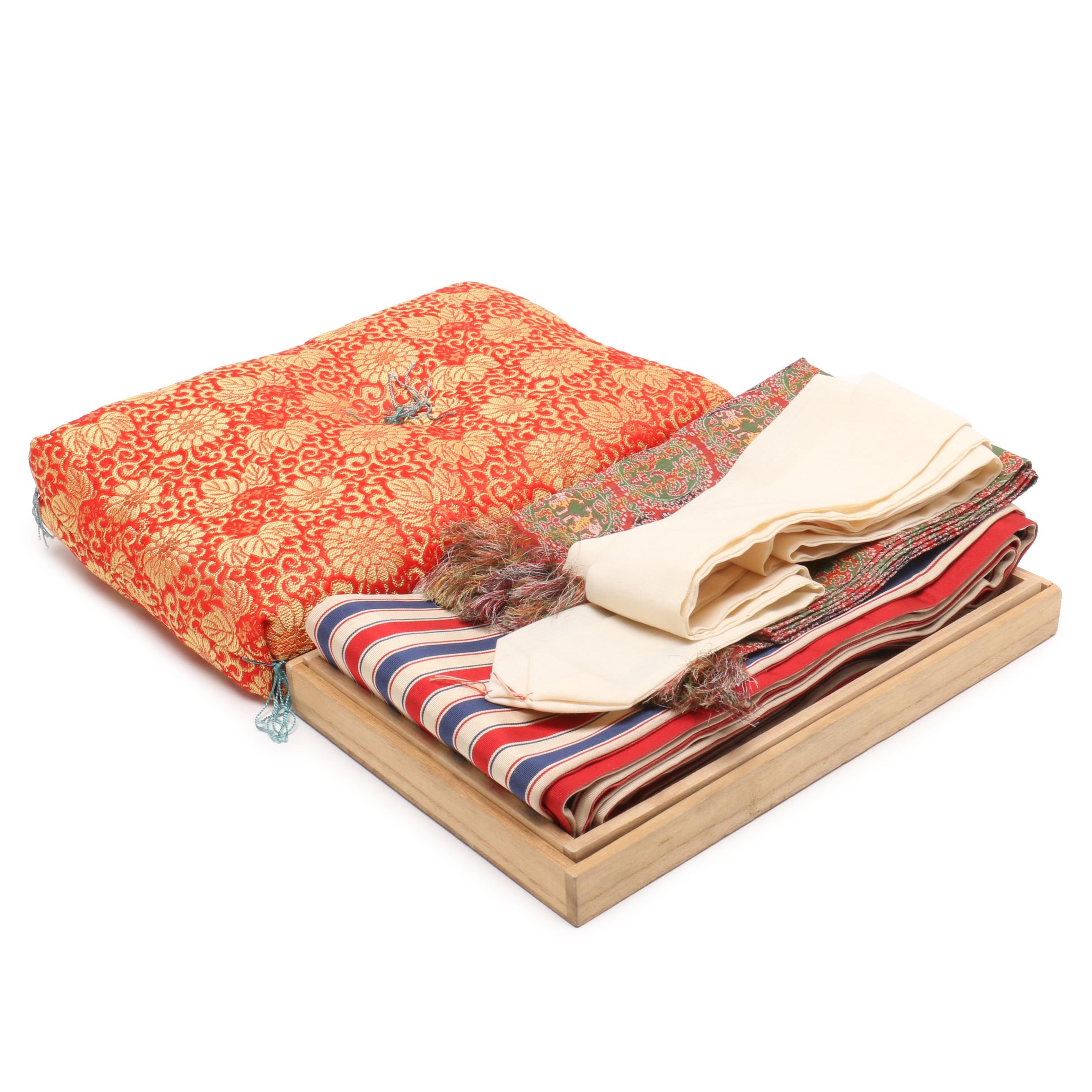 Japanese Obi Silk Sash, Pillow, Tatsumura Table Runner and Cotton Sash