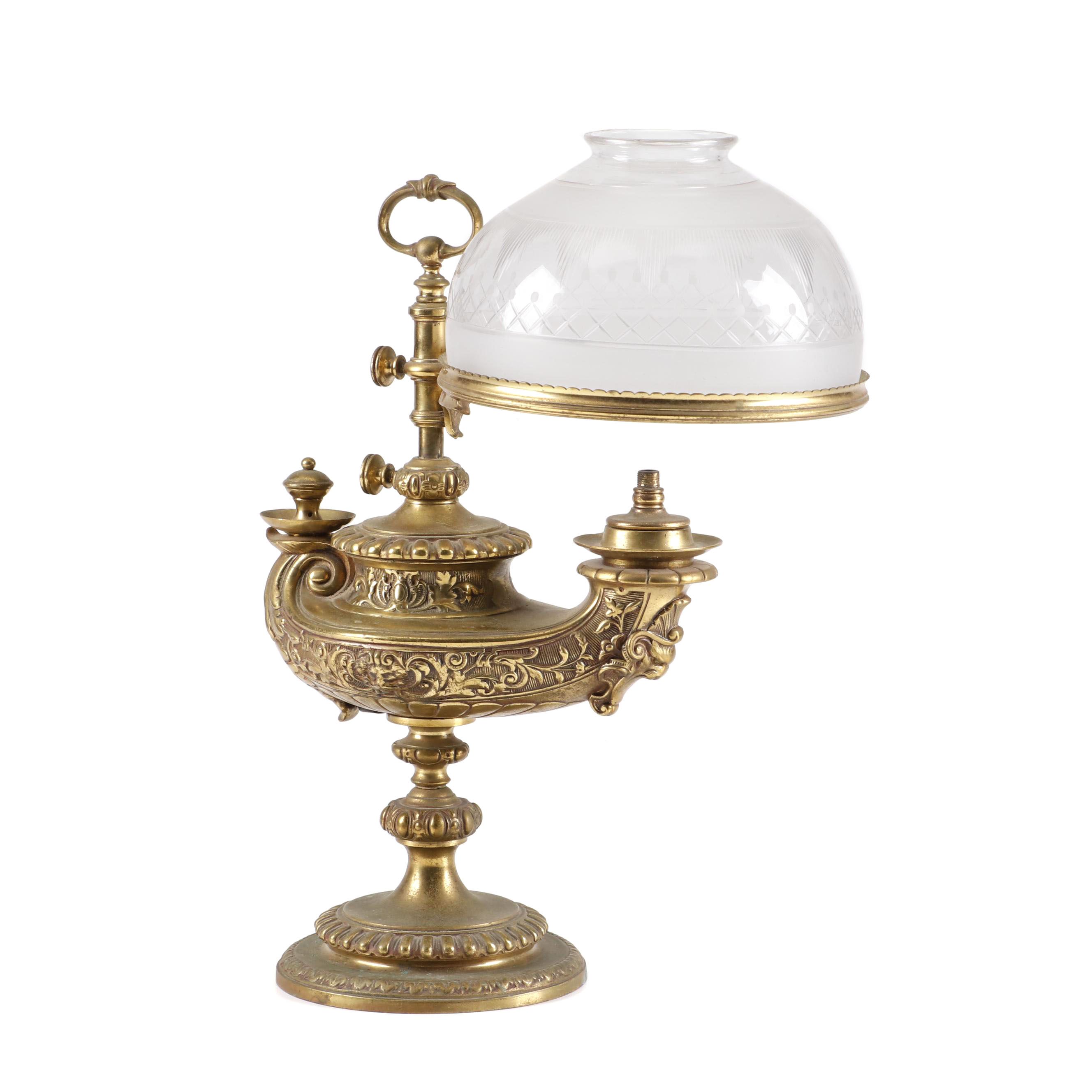 Aladdin Style Brass Harvard Student Oil Lamp with Cut Glass Shade, 19th Century
