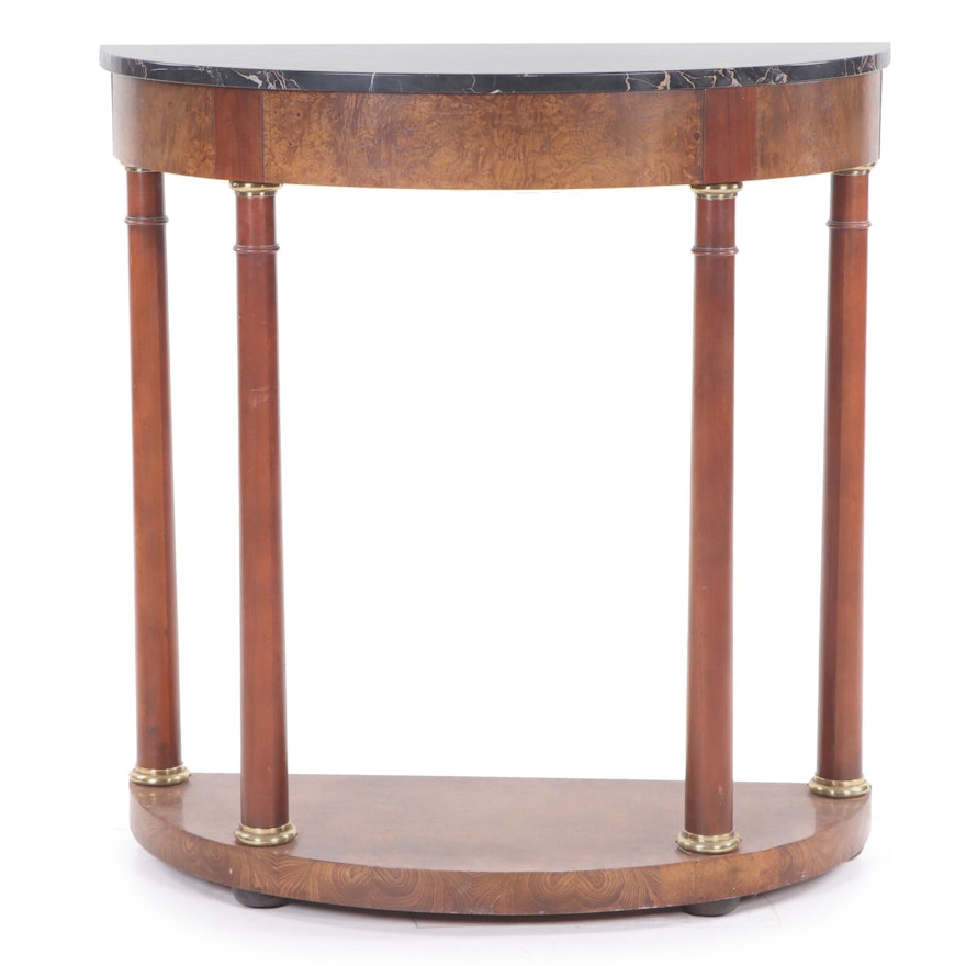 Baker French Empire Style Wooden Demi-Lune Marble Top Accent Table, 20th Century