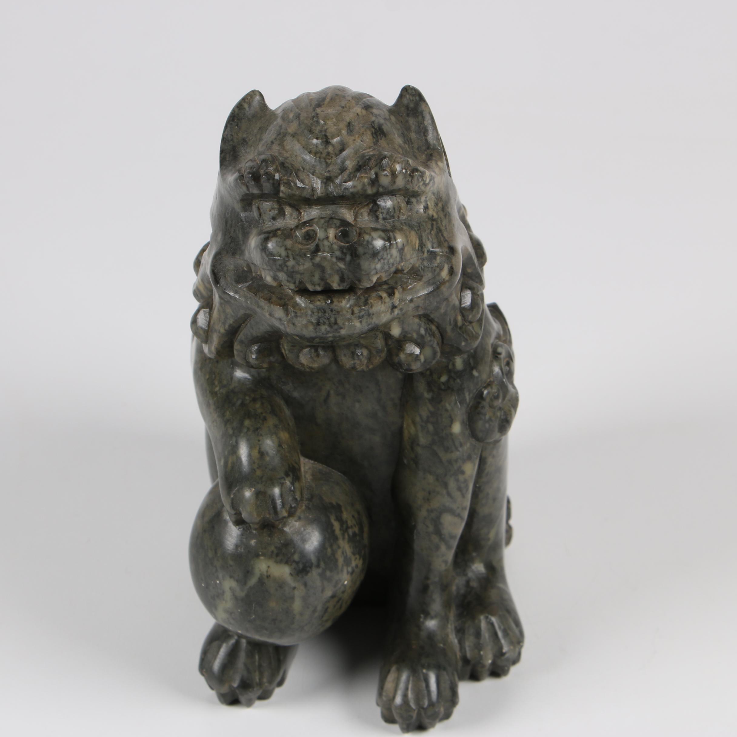 East Asian Carved Soapstone Male Guardian Lion Statuette