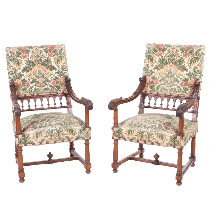 Mahogany Upholstered High-Back Armchairs, Mid to Late 19th Century, Pair