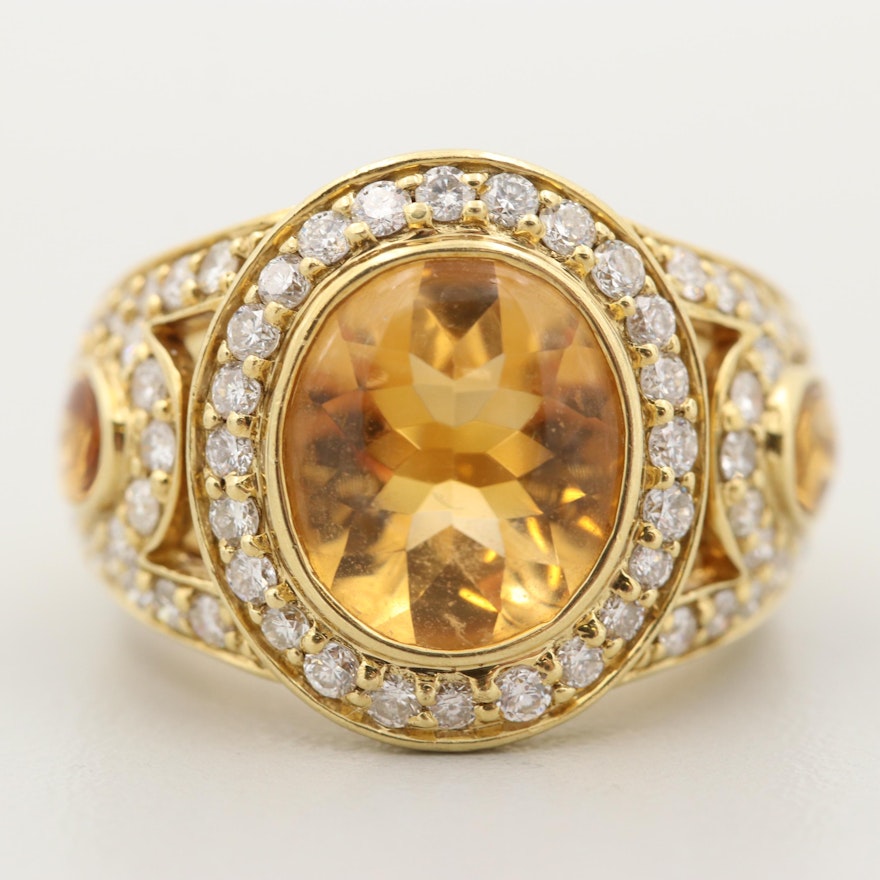Raico Creations 18K Yellow Gold Citrine Ring with Diamond Halo and Shoulders