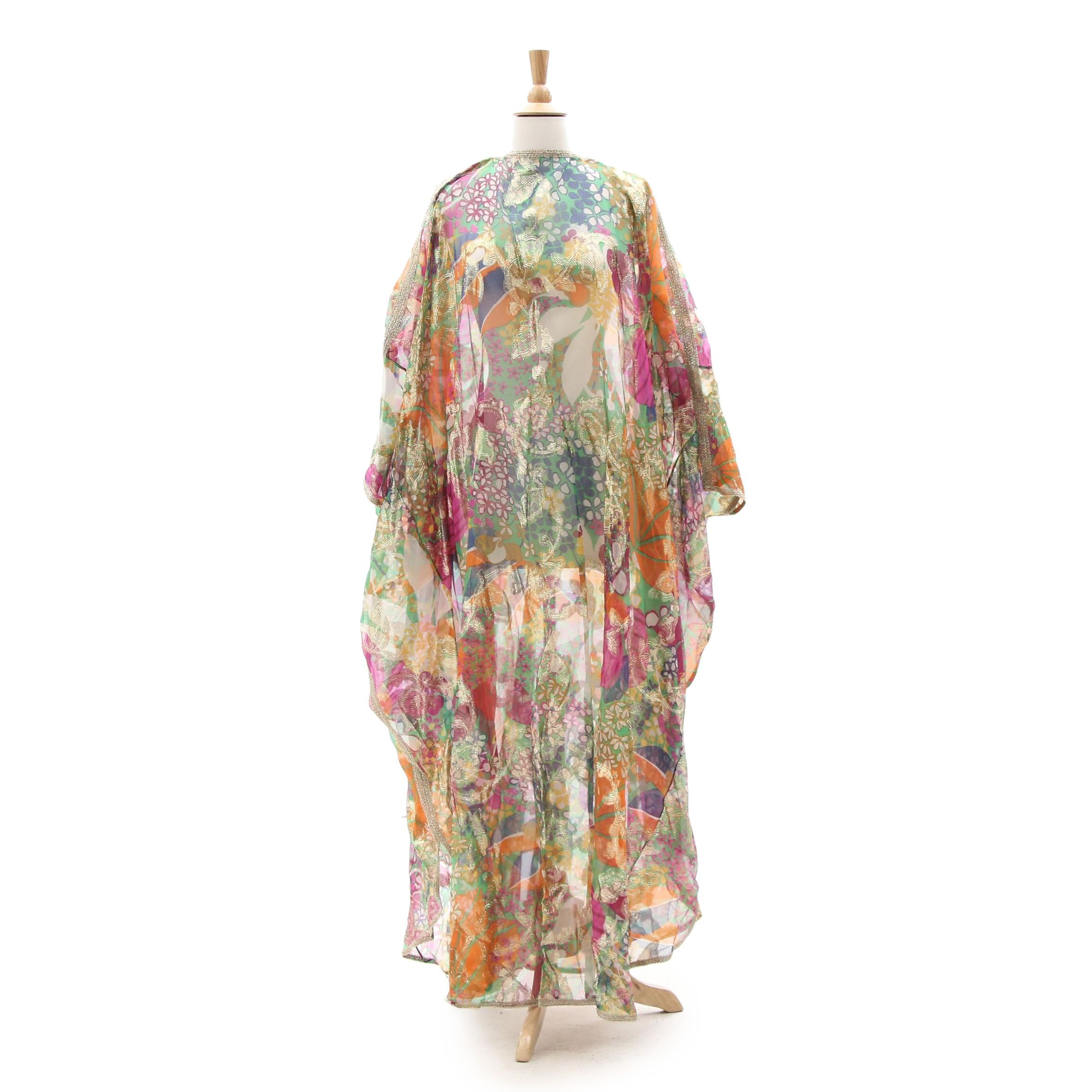 Floral Print Kaftan with Metallic Gold Accents, Late 1960s Vintage