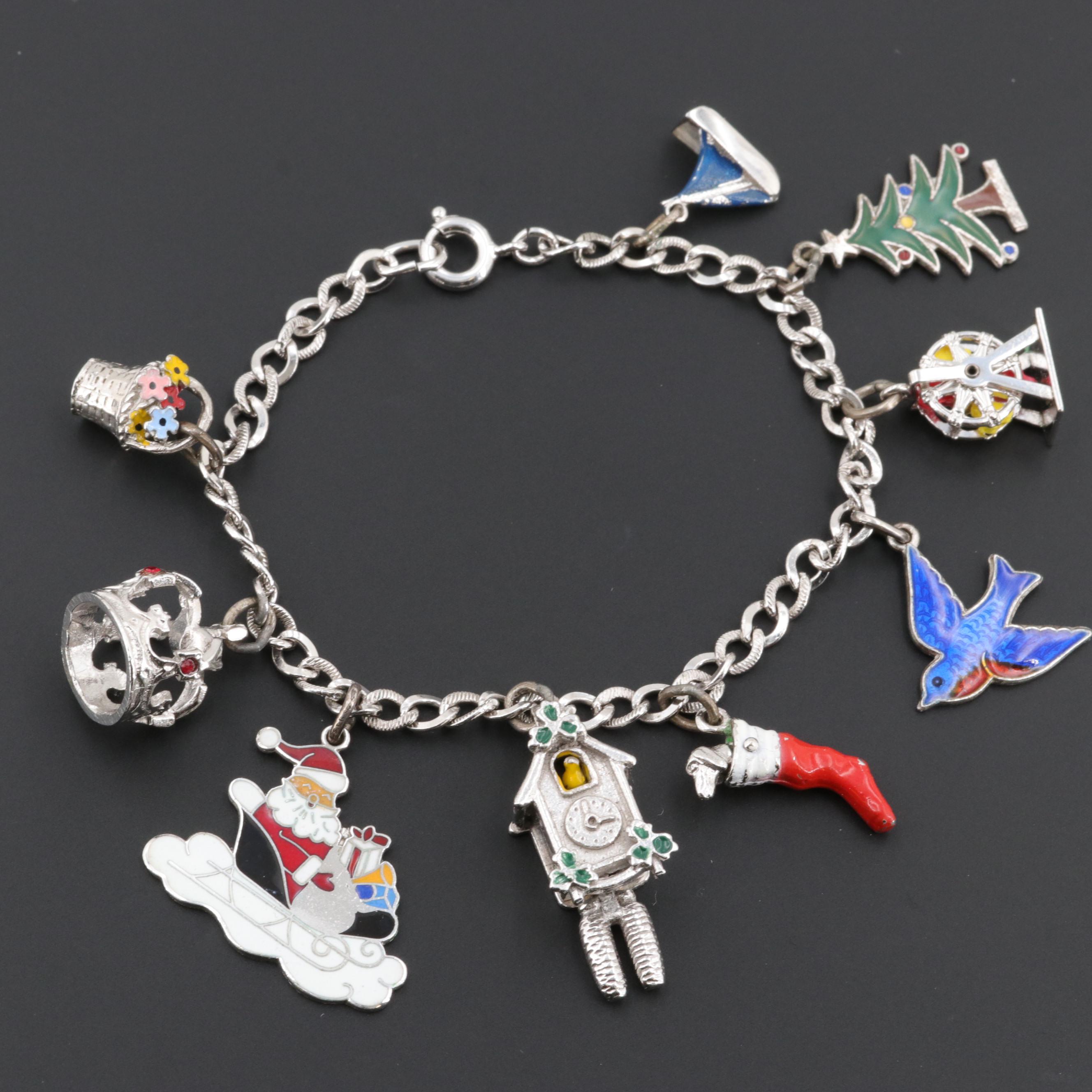 Sterling Silver Bracelet with Sterling and Silver Tone Enamel and Resin Charms