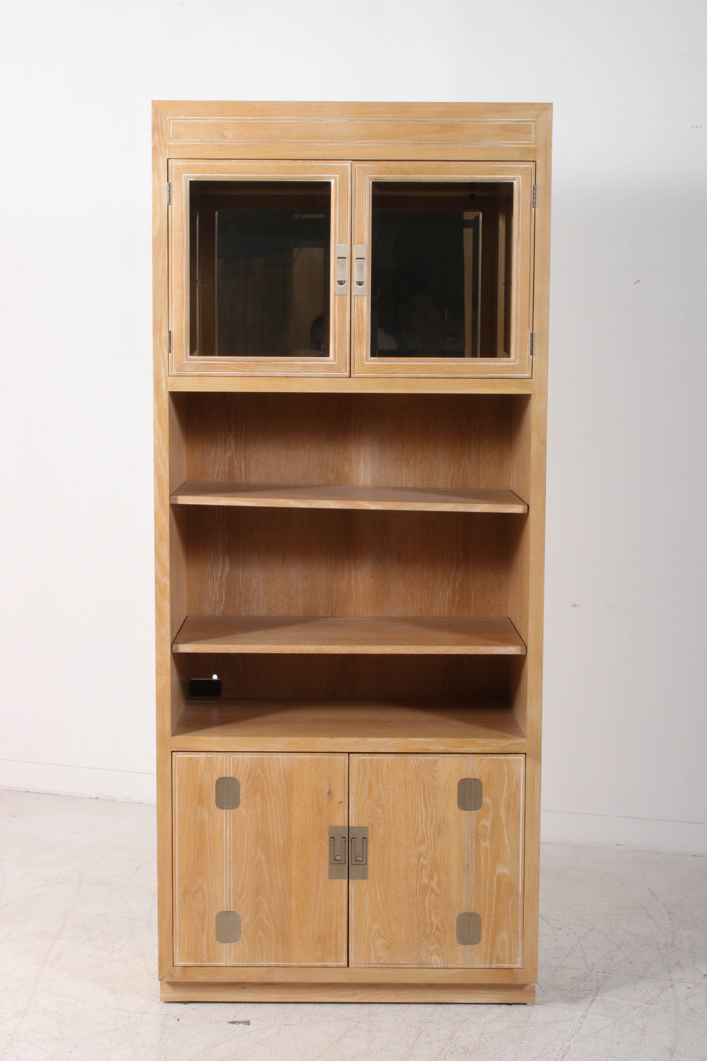 Henredon "Bel Air" Campaign Style Illuminated Limewash Wood Cabinet