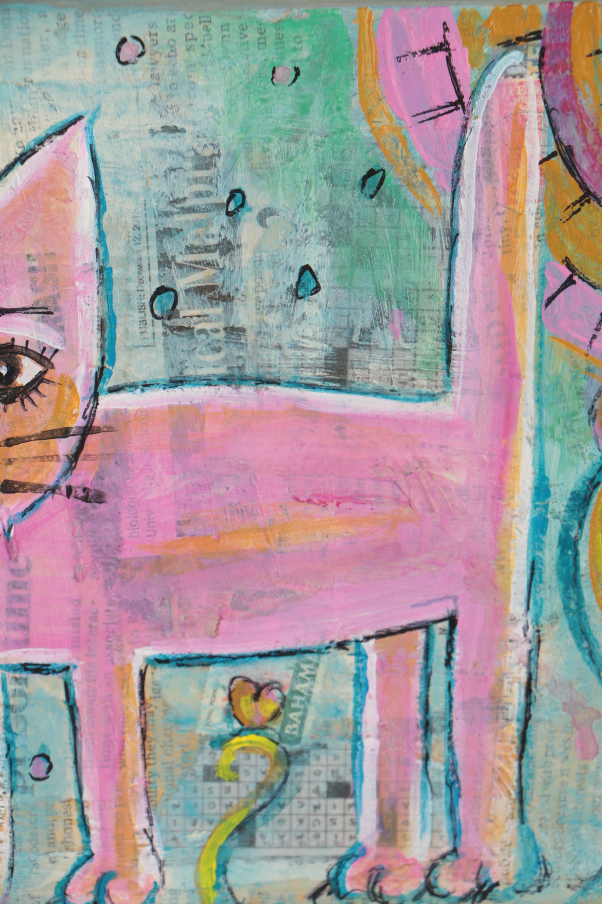 Randy Jimenez Folk Art Mixed Media Painting "Kitty Cat in Garden"