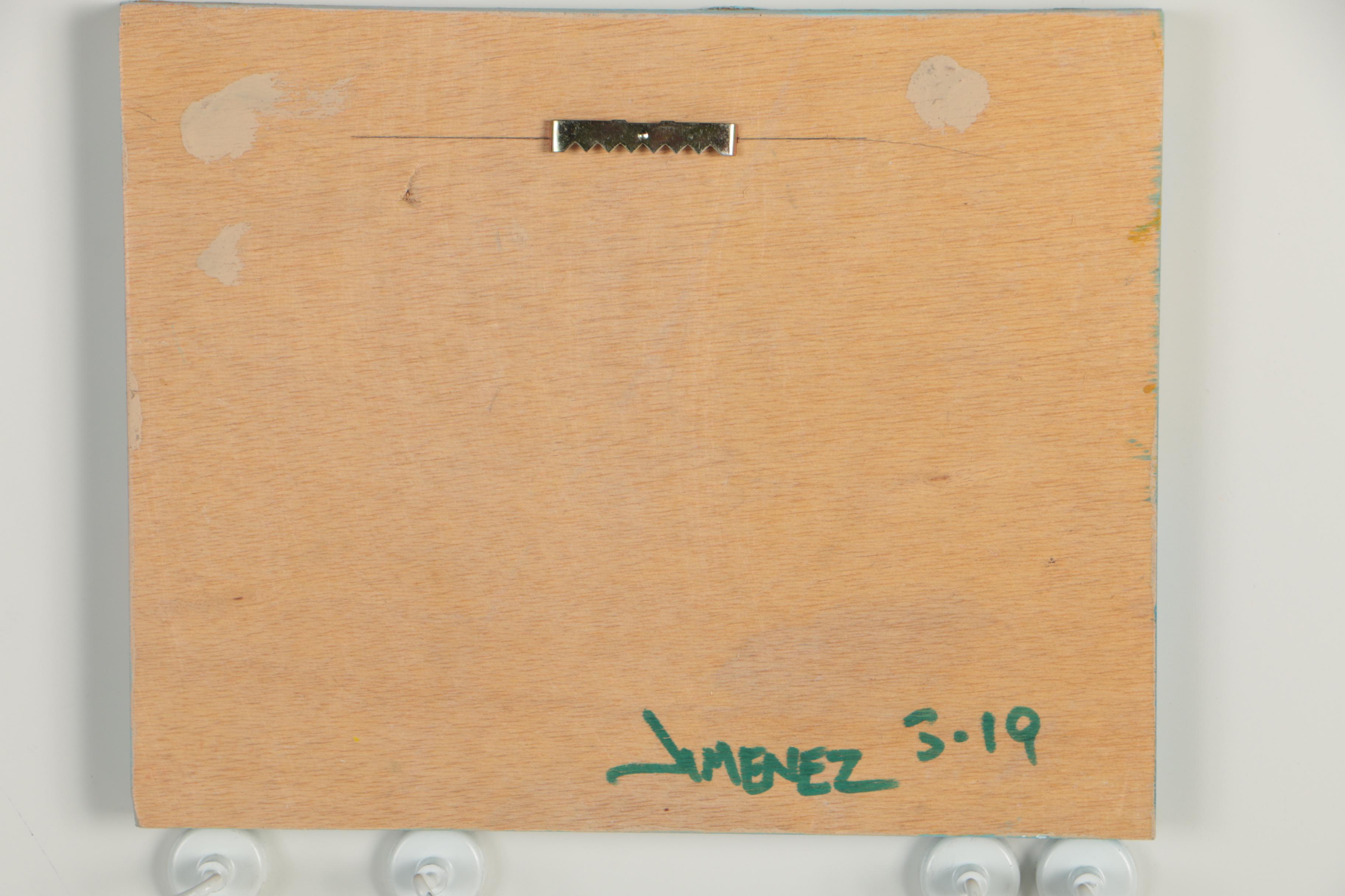 Randy Jimenez Folk Art Mixed Media Painting "Kitty Cat in Garden"