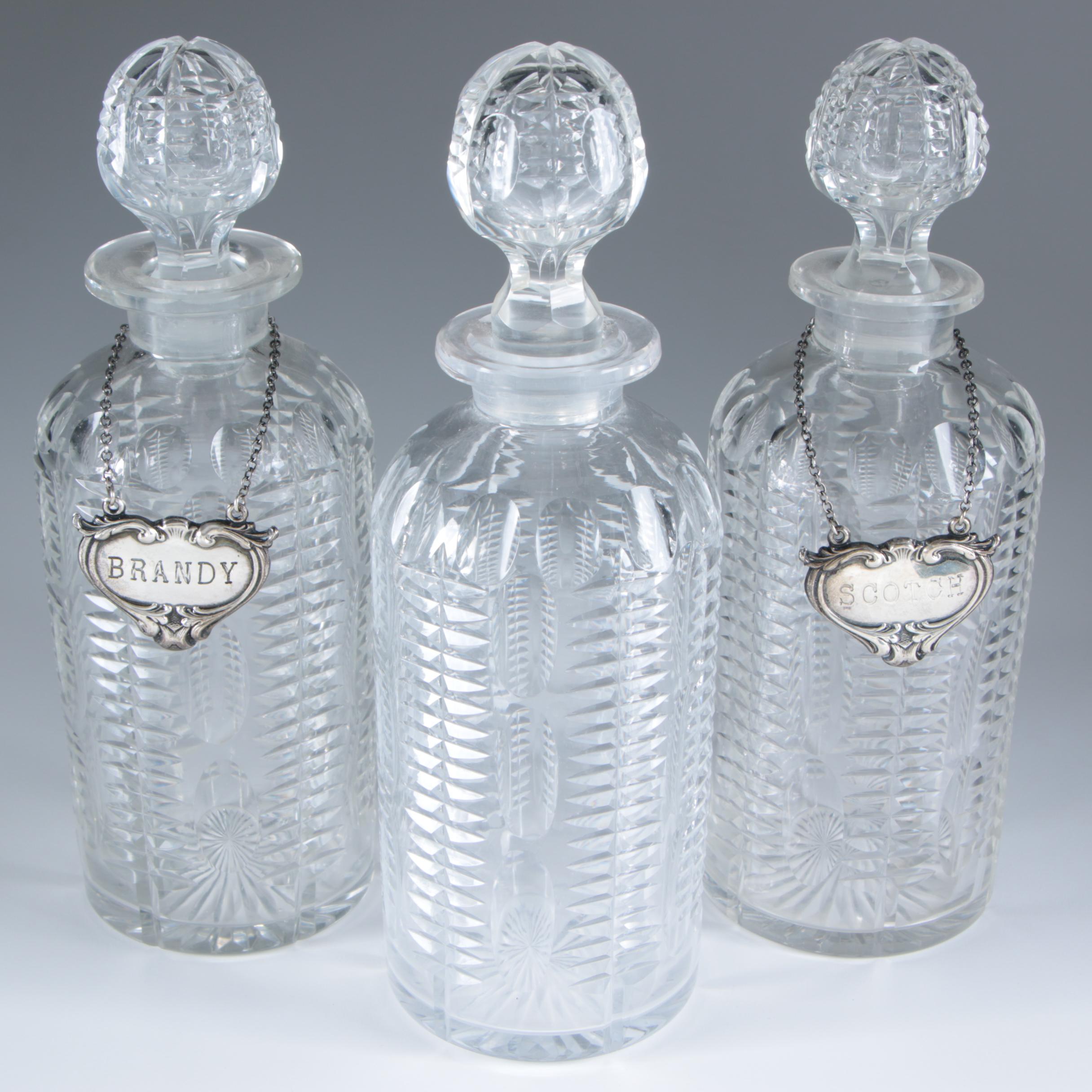 Cut Glass Decanters with Sterling Silver Labels