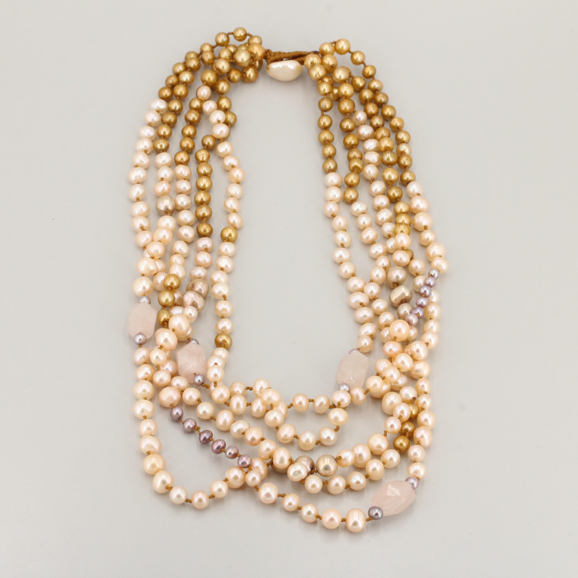 Cultured Pearl and Rose Quartz Beaded Multi-Strand Necklace