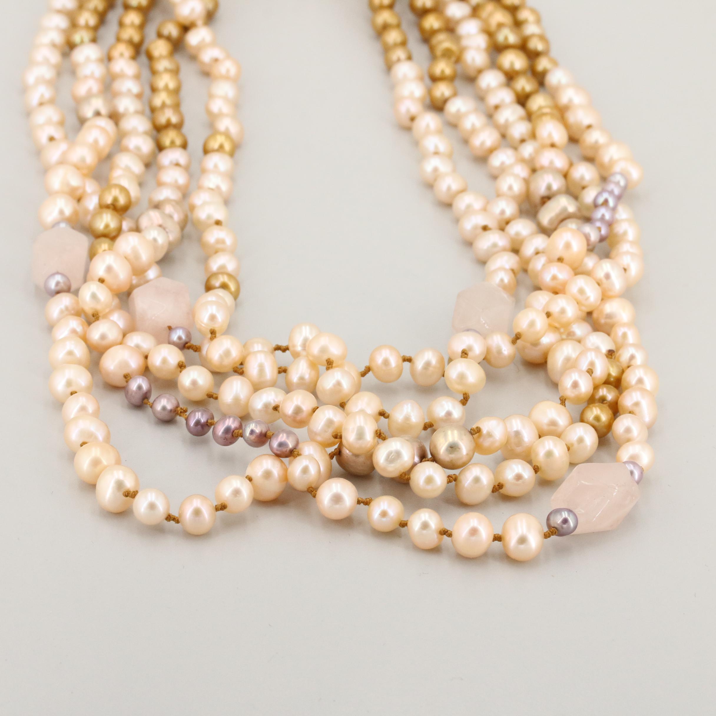 Cultured Pearl and Rose Quartz Beaded Multi-Strand Necklace