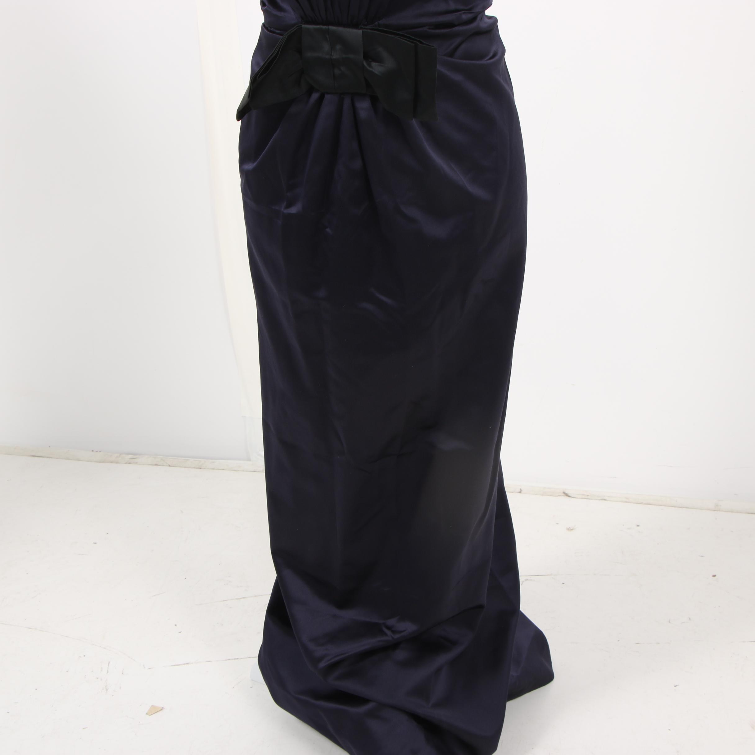 Prada Strapless Gown with Pleated Bodice in Dark Navy with Black Flat Bow