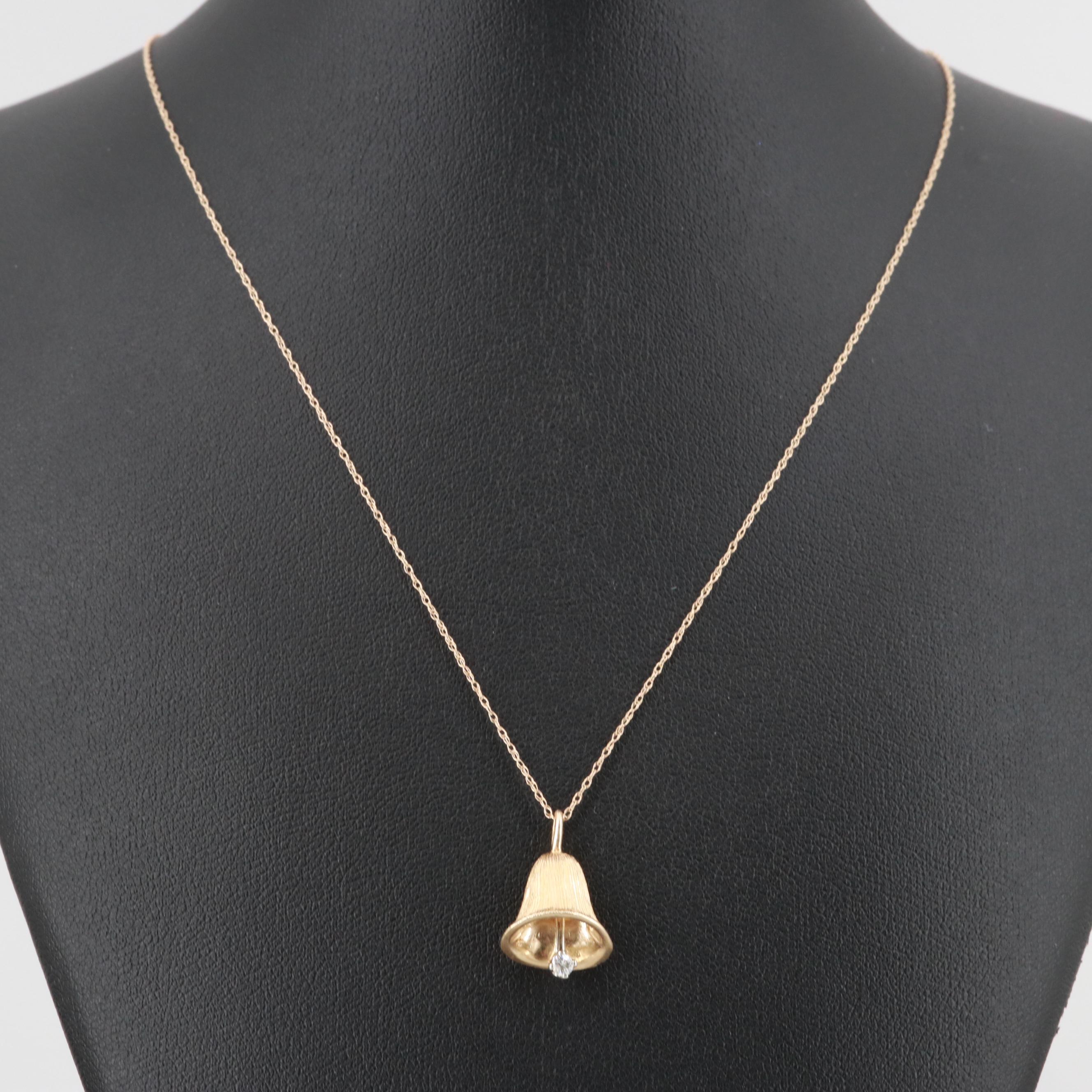 14K Yellow Gold Diamond Articulated Bell Pendant Necklace