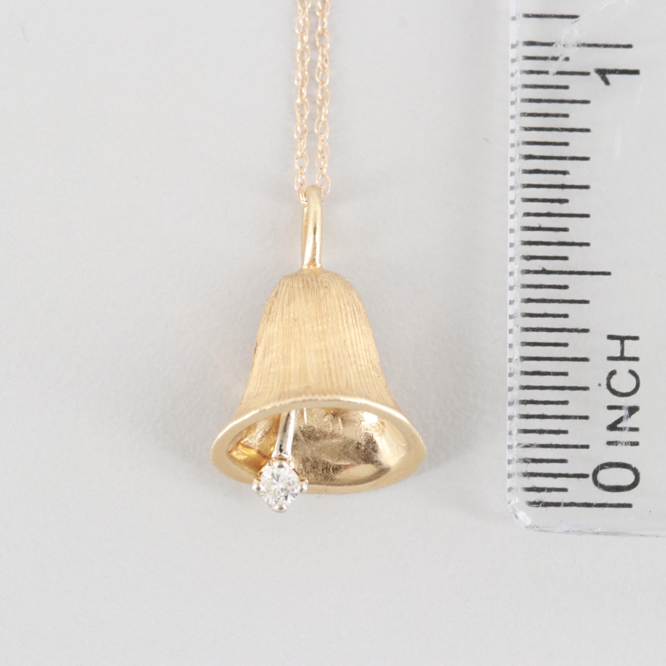 14K Yellow Gold Diamond Articulated Bell Pendant Necklace