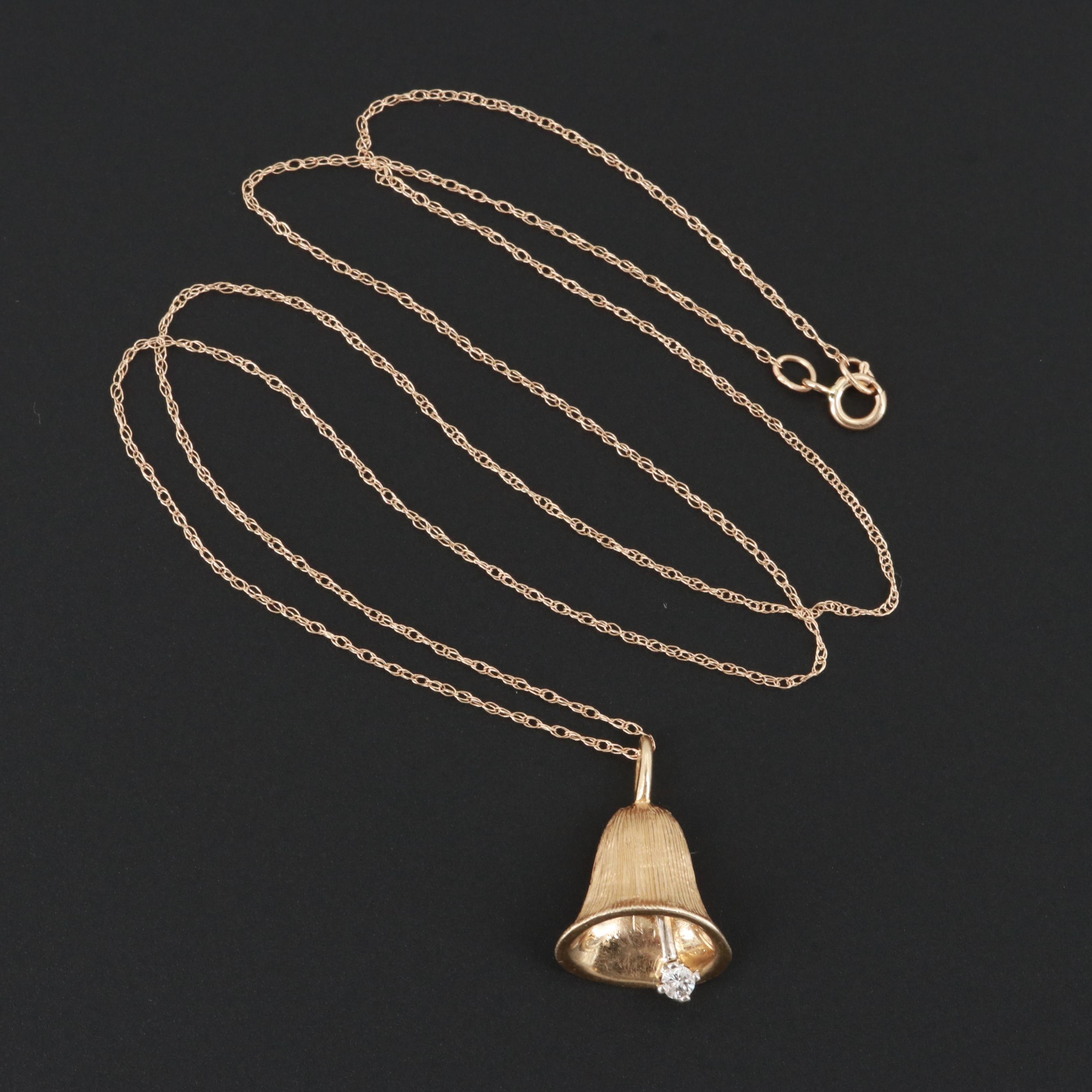 14K Yellow Gold Diamond Articulated Bell Pendant Necklace